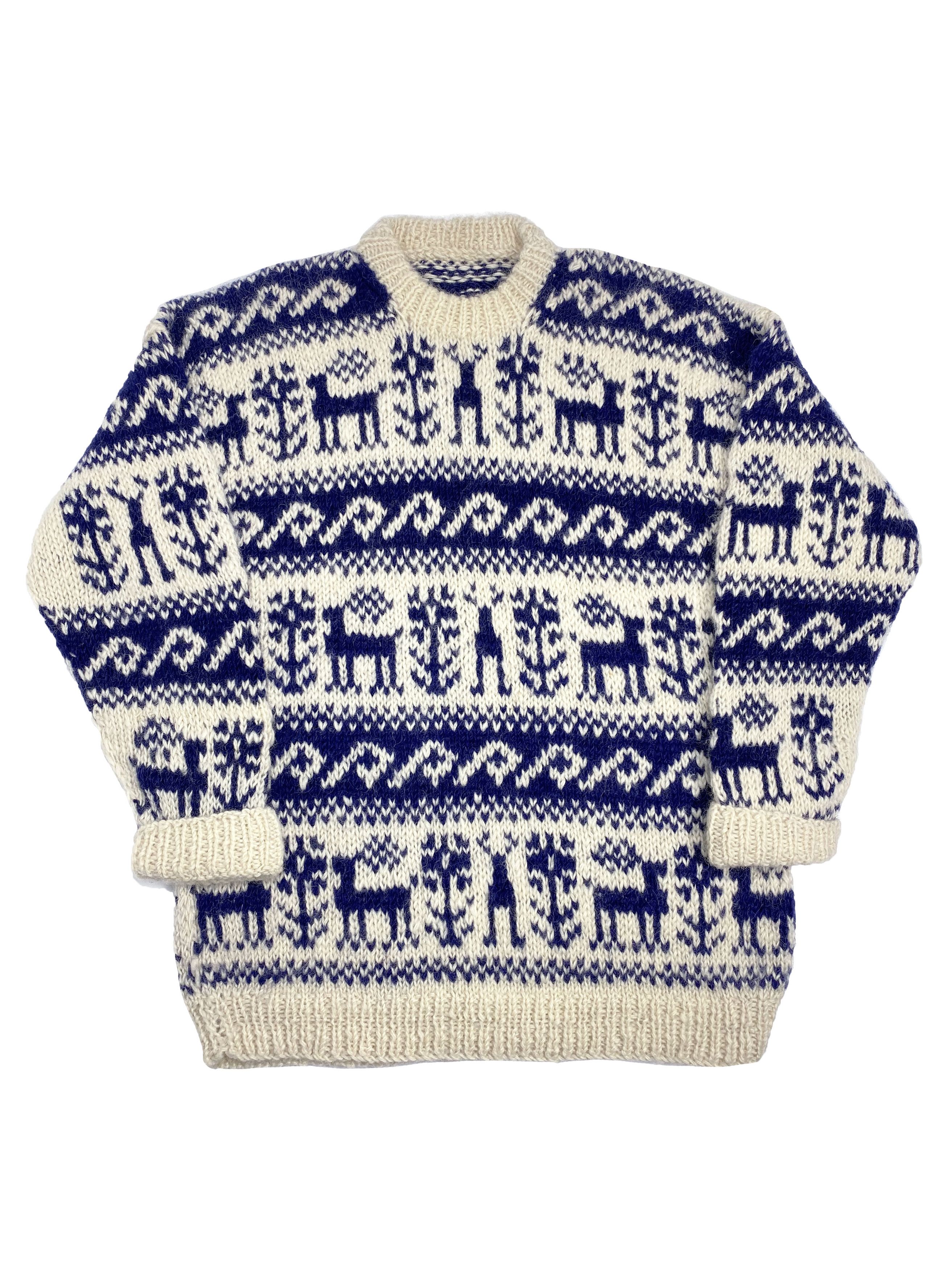 Handmade × Vintage Vintage Heavy Pure Wool Hand-Knitted Deer Winter Sweater Size US XL / EU 56 / 4 - 1 Thumbnail