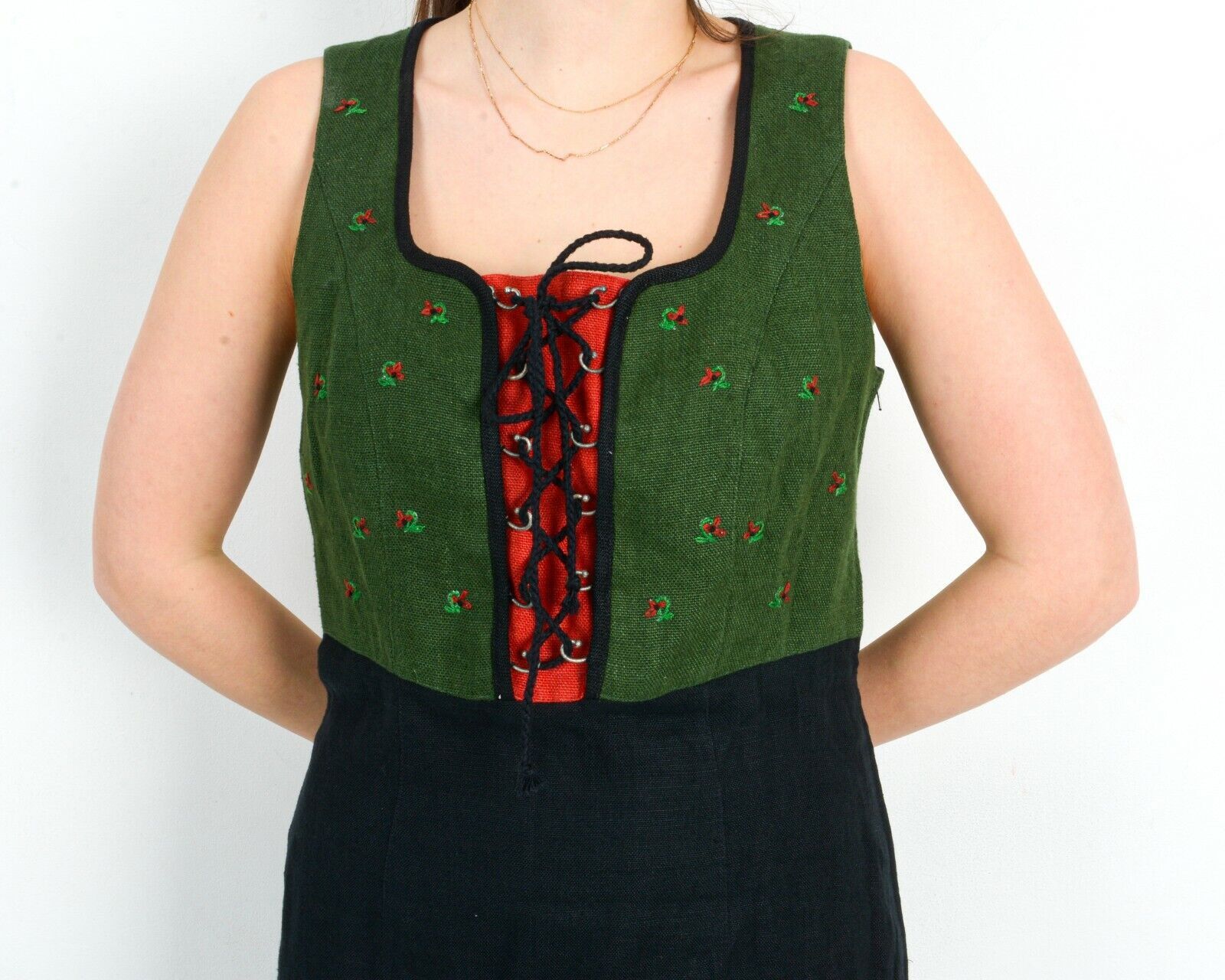 Other × Vintage Trachten Linen Dress Check Plaid Tartan Roses Embroidery Size M / US 6-8 / IT 42-44 - 5 Thumbnail