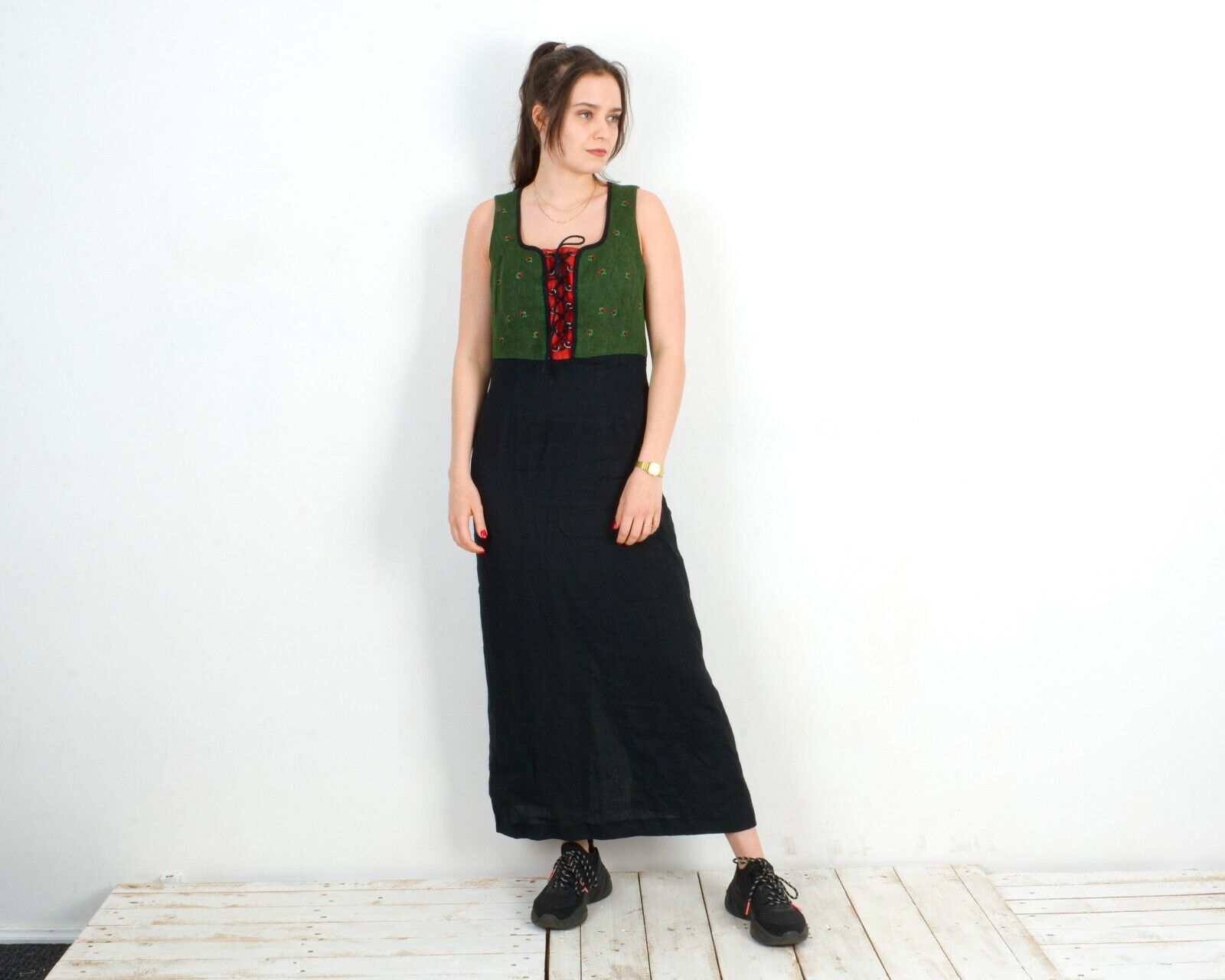 Other × Vintage Trachten Linen Dress Check Plaid Tartan Roses Embroidery Size M / US 6-8 / IT 42-44 - 2 Thumbnail