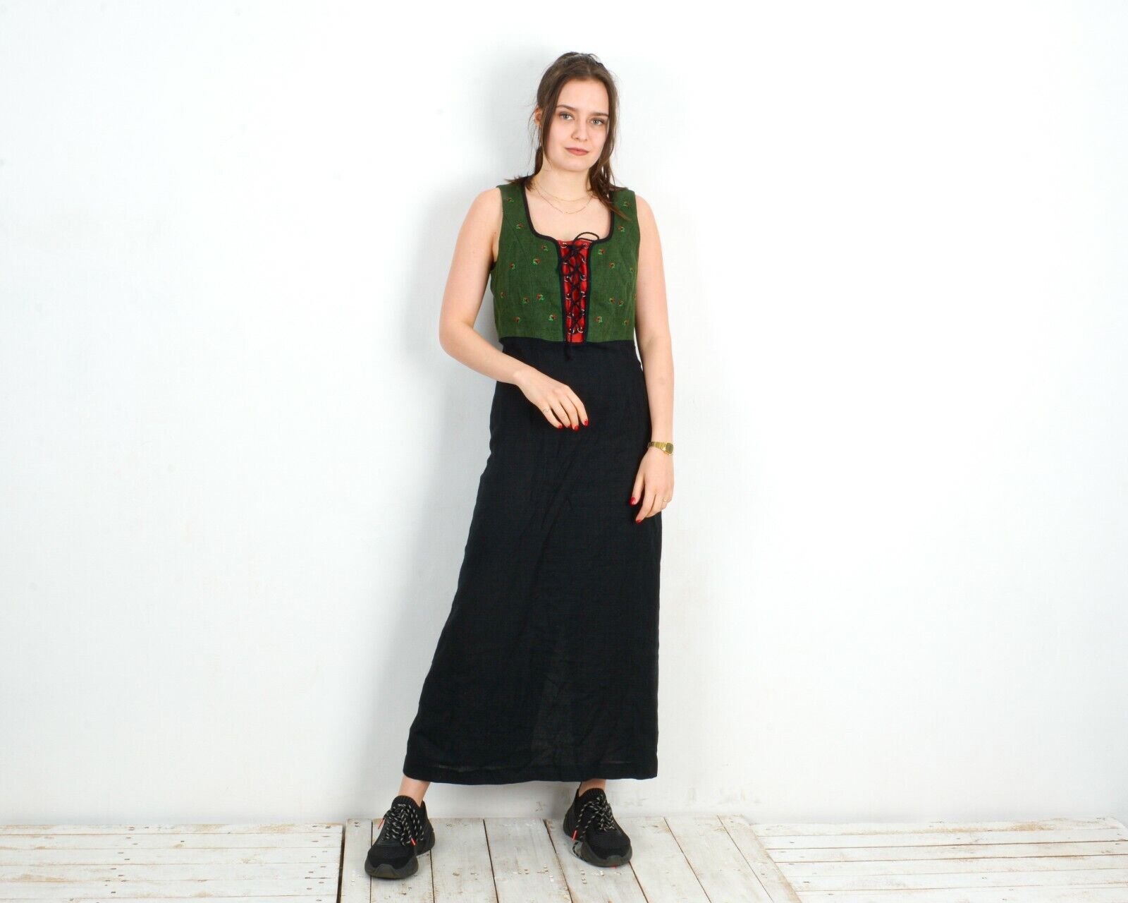 Other × Vintage Trachten Linen Dress Check Plaid Tartan Roses Embroidery Size M / US 6-8 / IT 42-44 - 1 Thumbnail