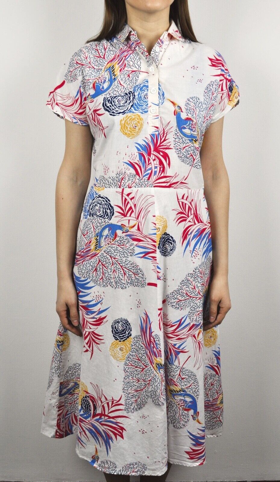 Other × Vintage M 70s Midi Dress Cotton Summer Short Sleeve Tropical Playful Size M / US 6-8 / IT 42-44 - 4 Thumbnail