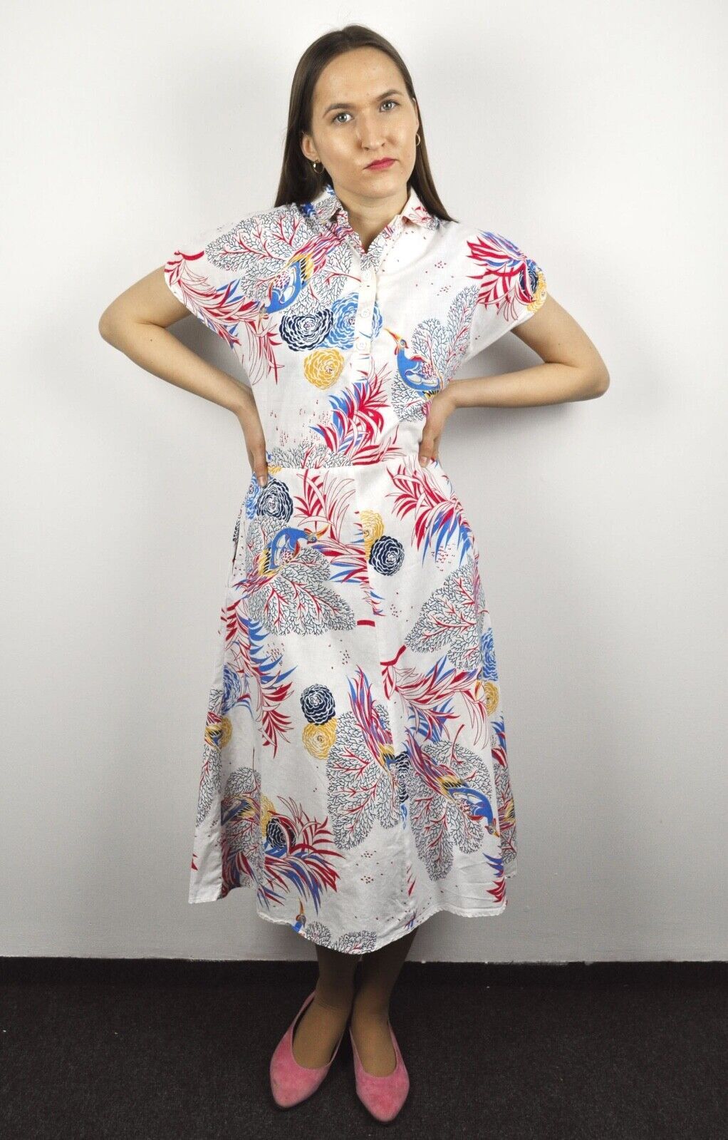 Other × Vintage M 70s Midi Dress Cotton Summer Short Sleeve Tropical Playful Size M / US 6-8 / IT 42-44 - 1 Thumbnail