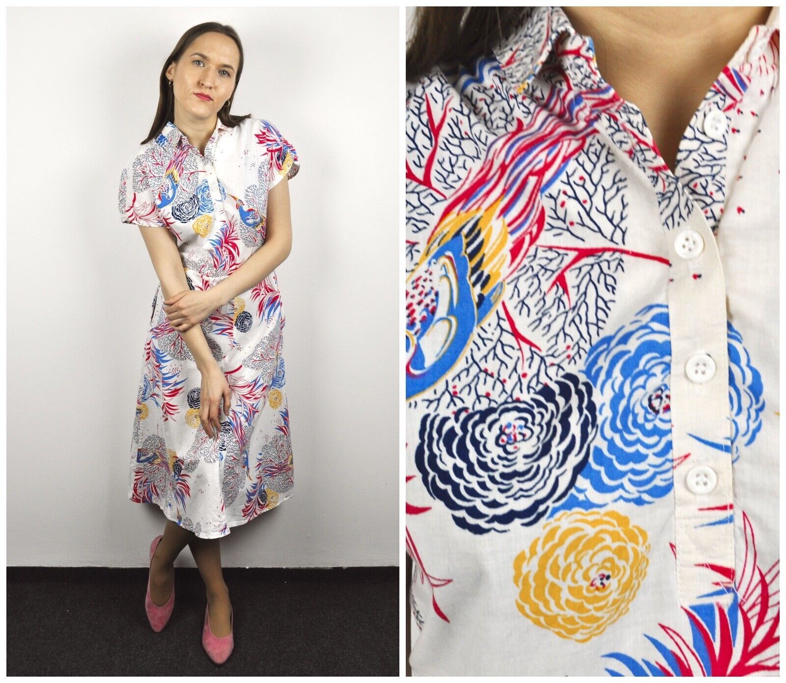 Other × Vintage M 70s Midi Dress Cotton Summer Short Sleeve Tropical Playful Size M / US 6-8 / IT 42-44 - 2 Thumbnail