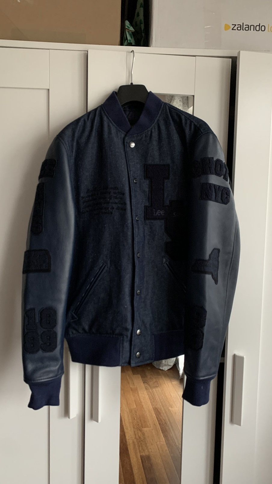 Image of New Lee X Schott Varsity Jacket Size S Navy Denim Leather, Men's