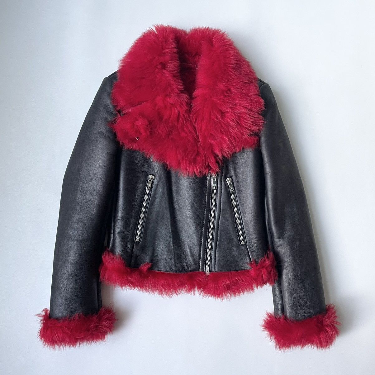 image of Prada A/w 14 Black Shearling Biker Jacket in Black/Red, Women's (Size Small)