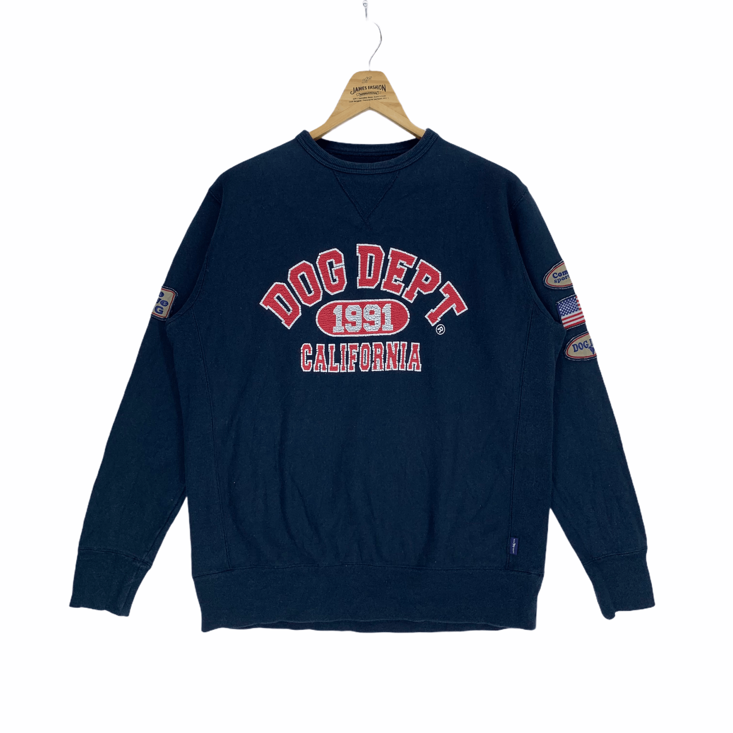 image of Vintage Dog Dept Santa Monica Patches Big Logo Sweatshirt 2949-46 in Navy, Men's (Size Large)
