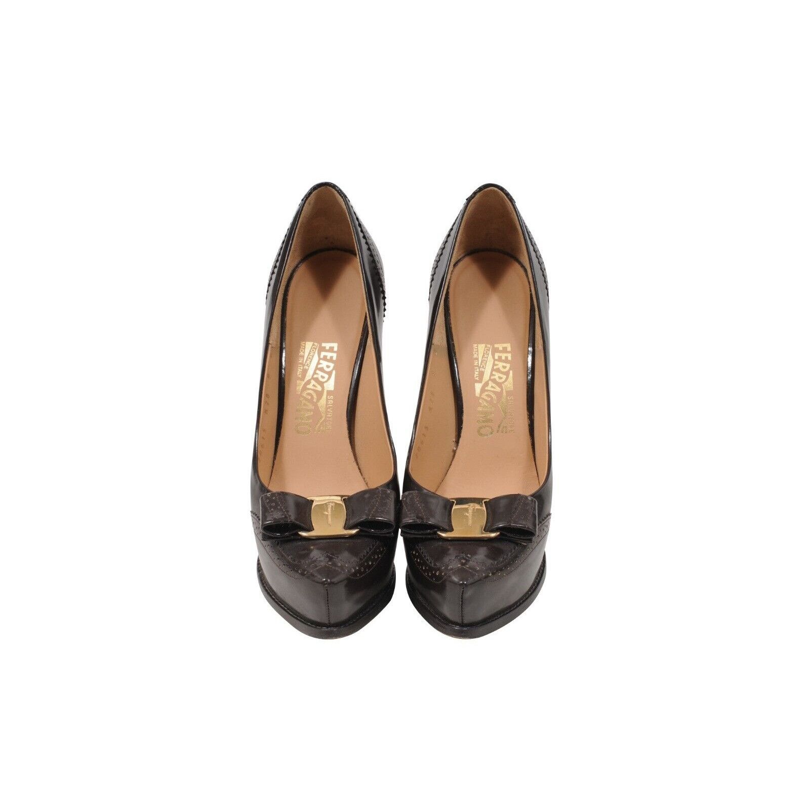Salvatore Ferragamo Vara Pumps 8B Brown Brogue Bow Heels Size US 8 / IT 38 - 2 Thumbnail