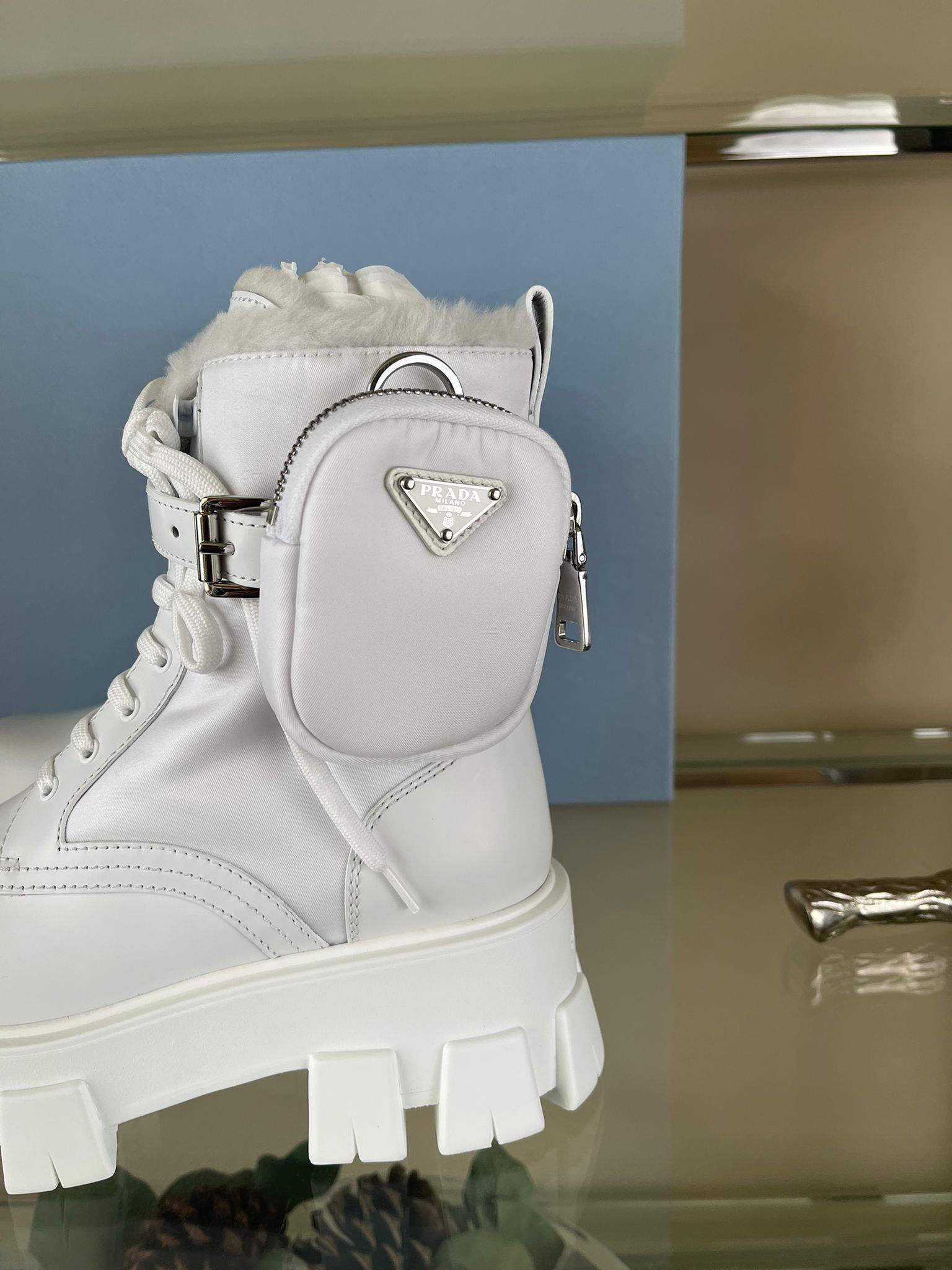 Prada Short Monolith Cargo Pocket Combat Boots in White Size US 7 / IT 37 - 4 Thumbnail