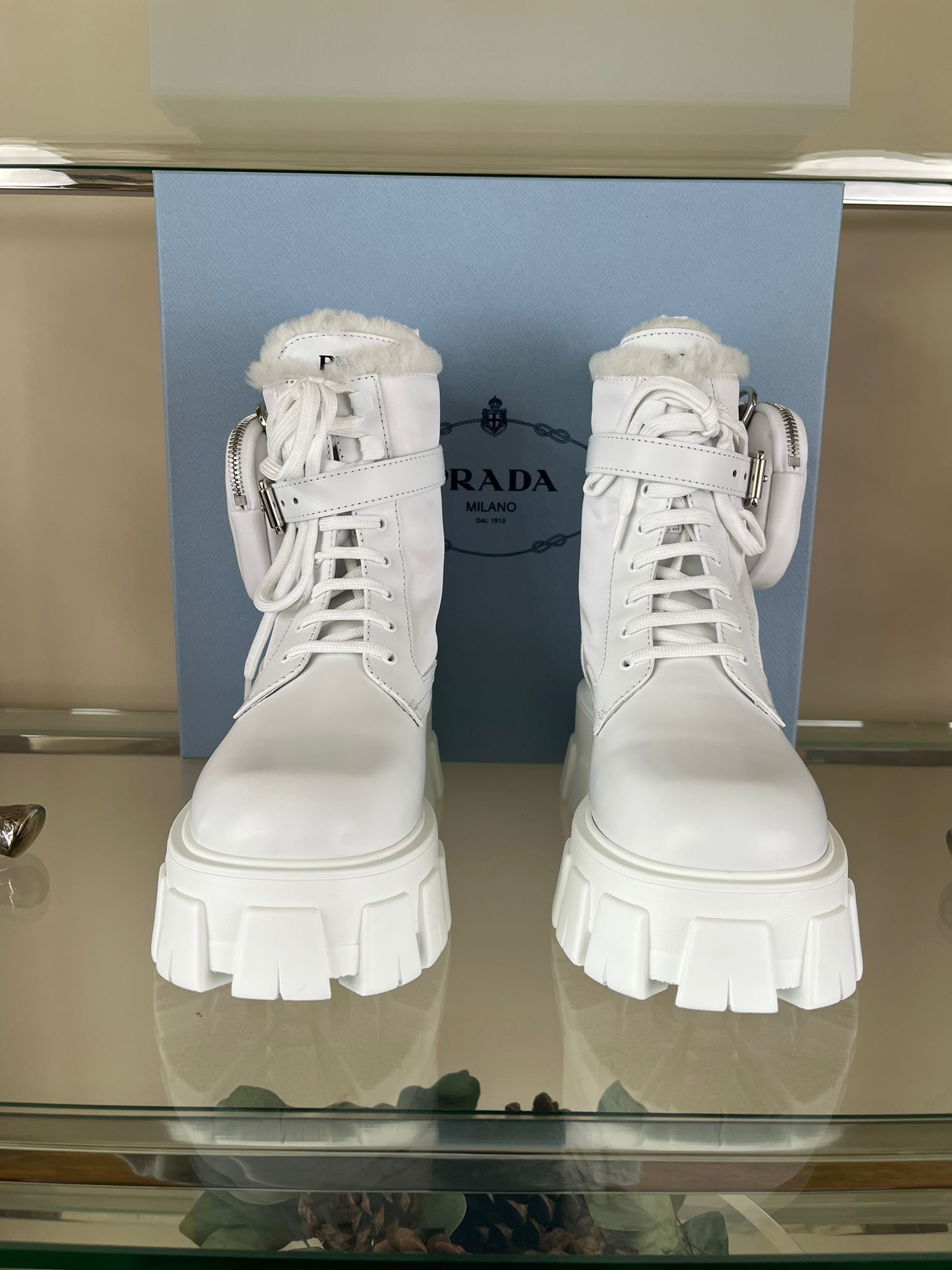Prada Short Monolith Cargo Pocket Combat Boots in White Size US 7 / IT 37 - 11 Thumbnail