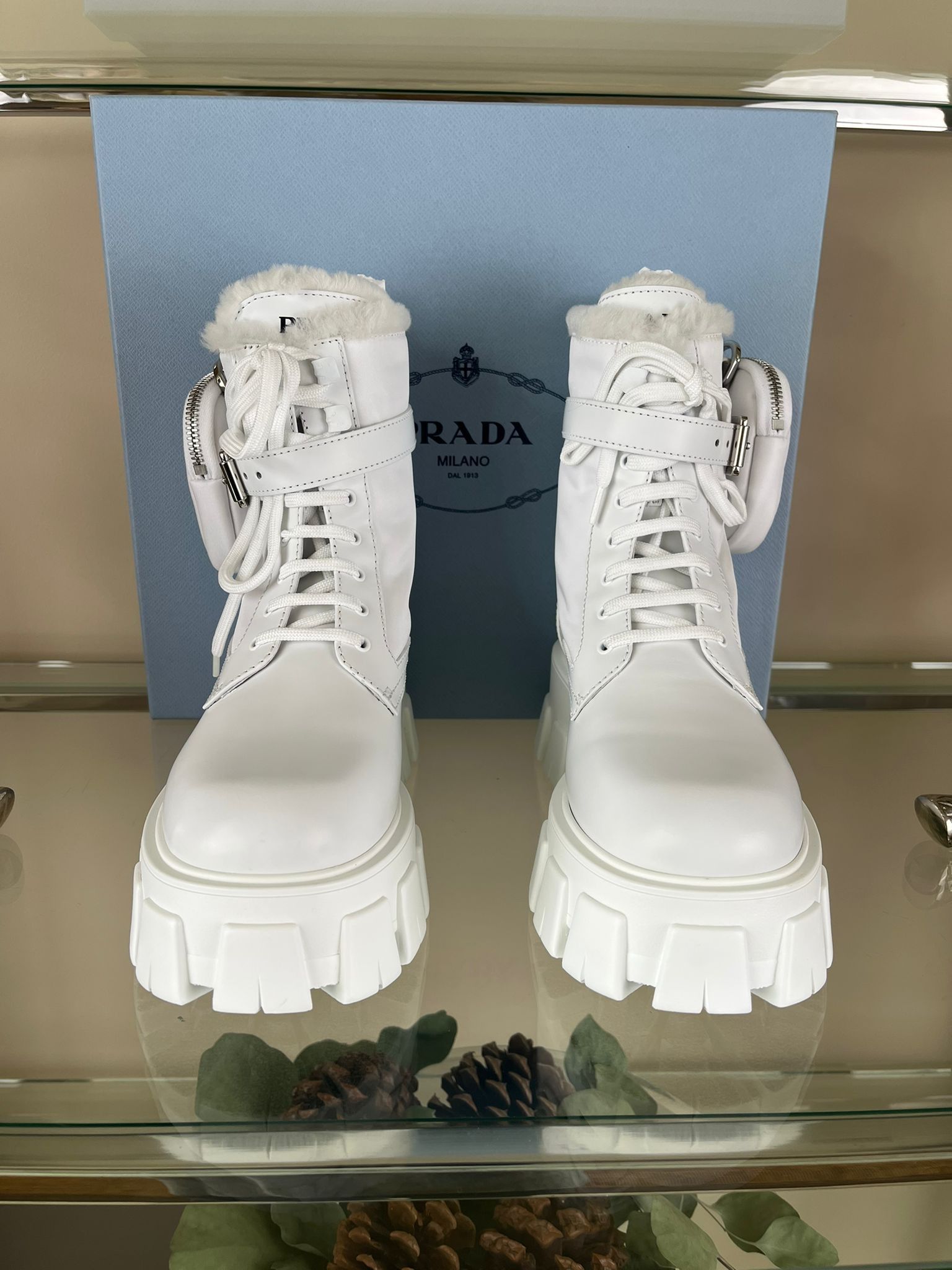Prada Short Monolith Cargo Pocket Combat Boots in White Size US 7 / IT 37 - 12 Thumbnail