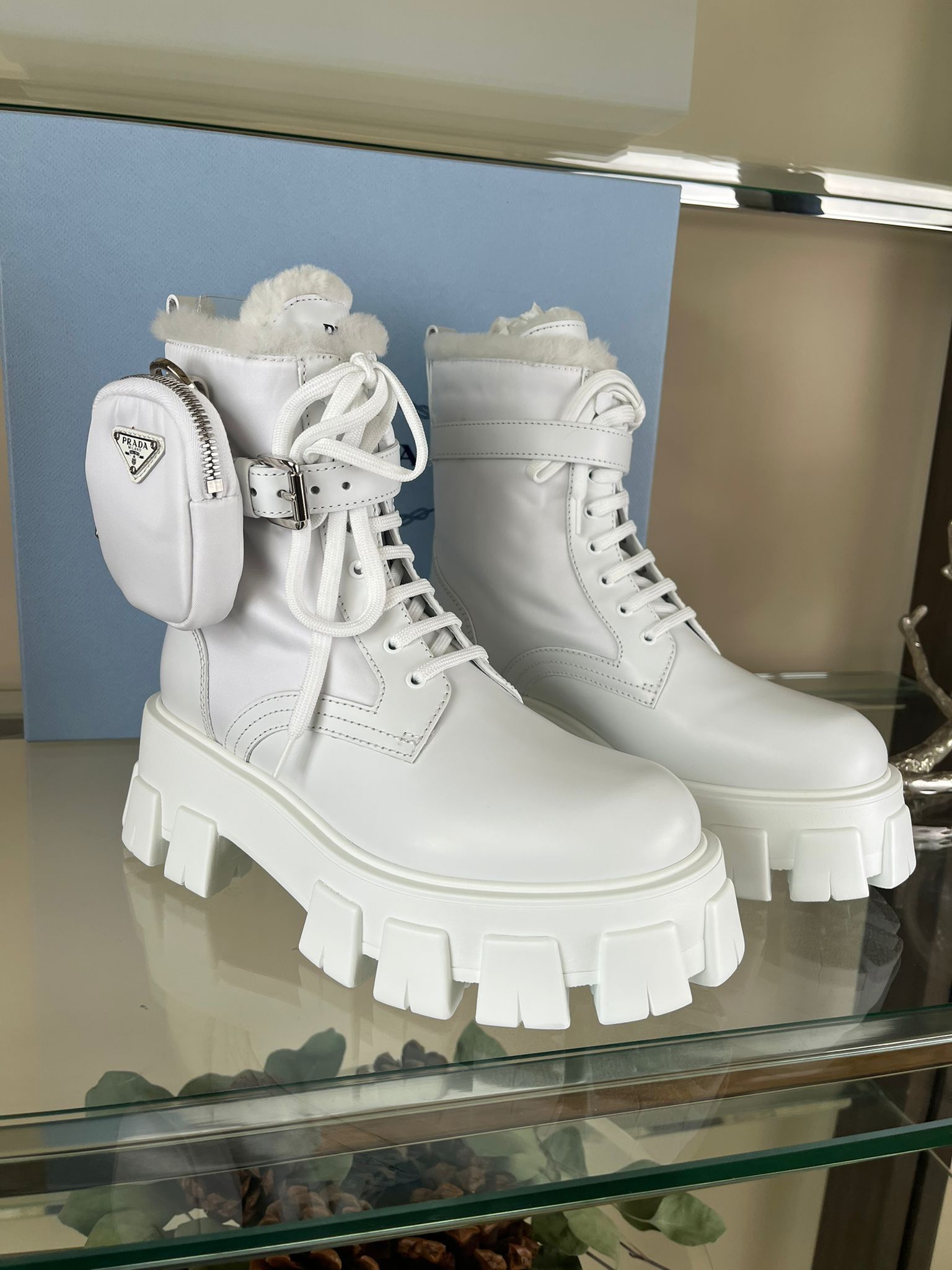 Prada Short Monolith Cargo Pocket Combat Boots in White Size US 7 / IT 37 - 14 Thumbnail