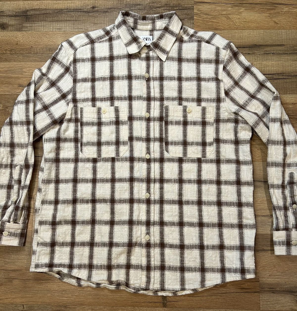 Vintage Vintage Zara checkered Flannel in White/Cream and Brown Size US XL / EU 56 / 4 - 1 Thumbnail