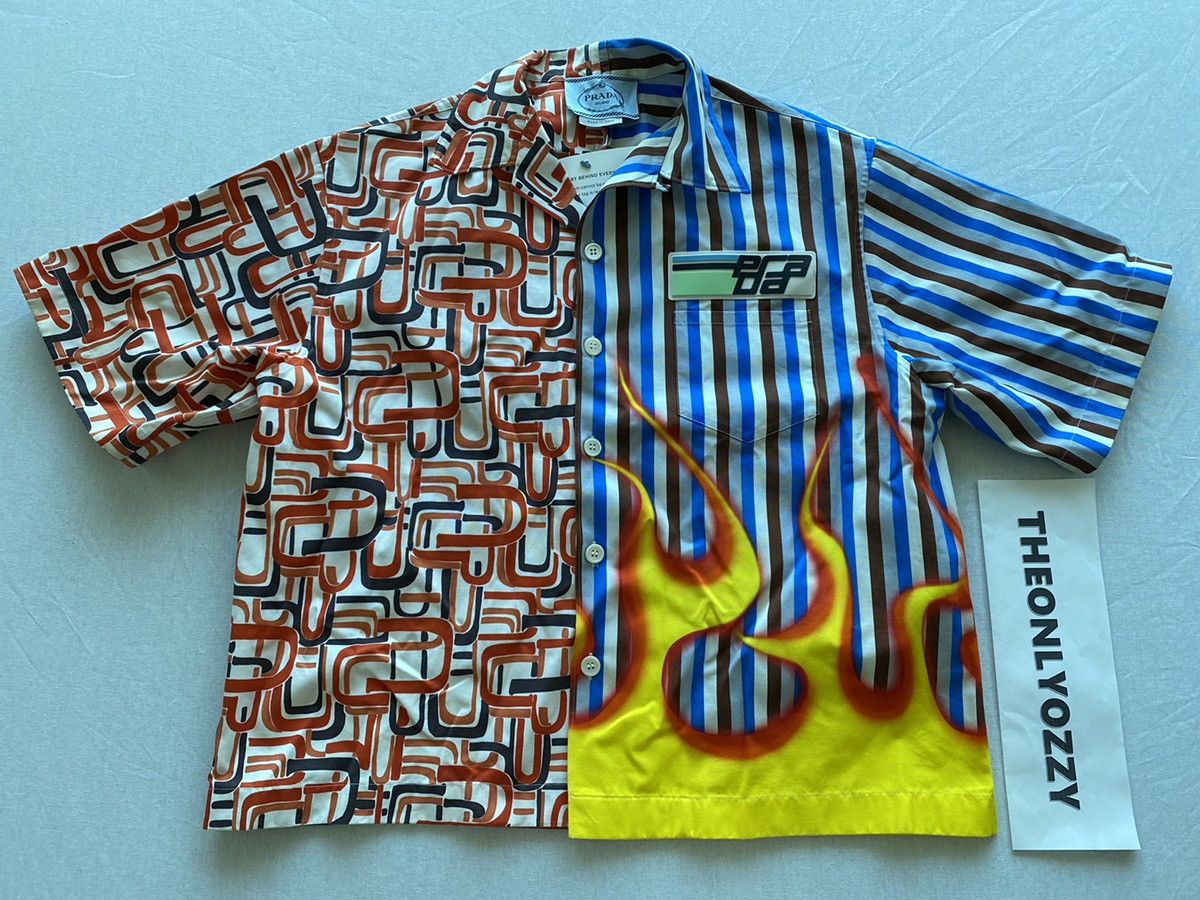 image of Prada Split Flame Double Match Flame Bowling Shirt, Men's (Size Medium)