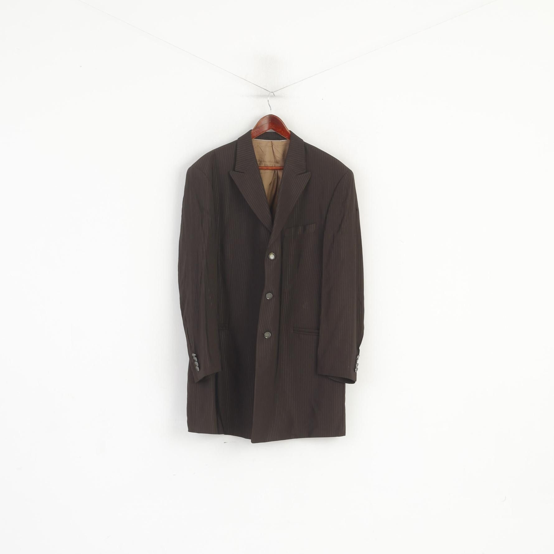 Vintage Wilvorst Men 56 46 Blazer Brown Wool Striped Shiny 6767 Size 46R - 1 Thumbnail