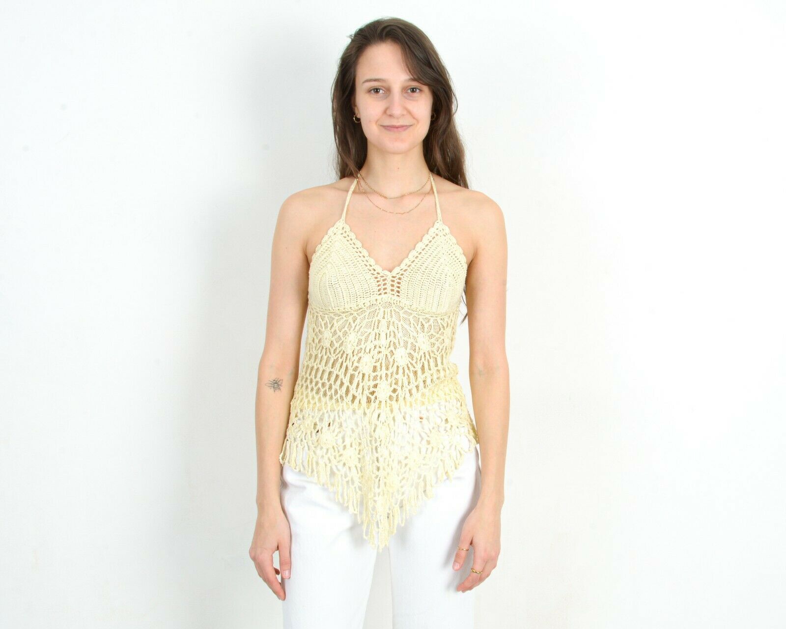 Designer × Vintage Top Crochet Knit Romantic Blouse Pastel Sleeveless Lace Size XS / US 0-2 / IT 36-38 - 2 Thumbnail