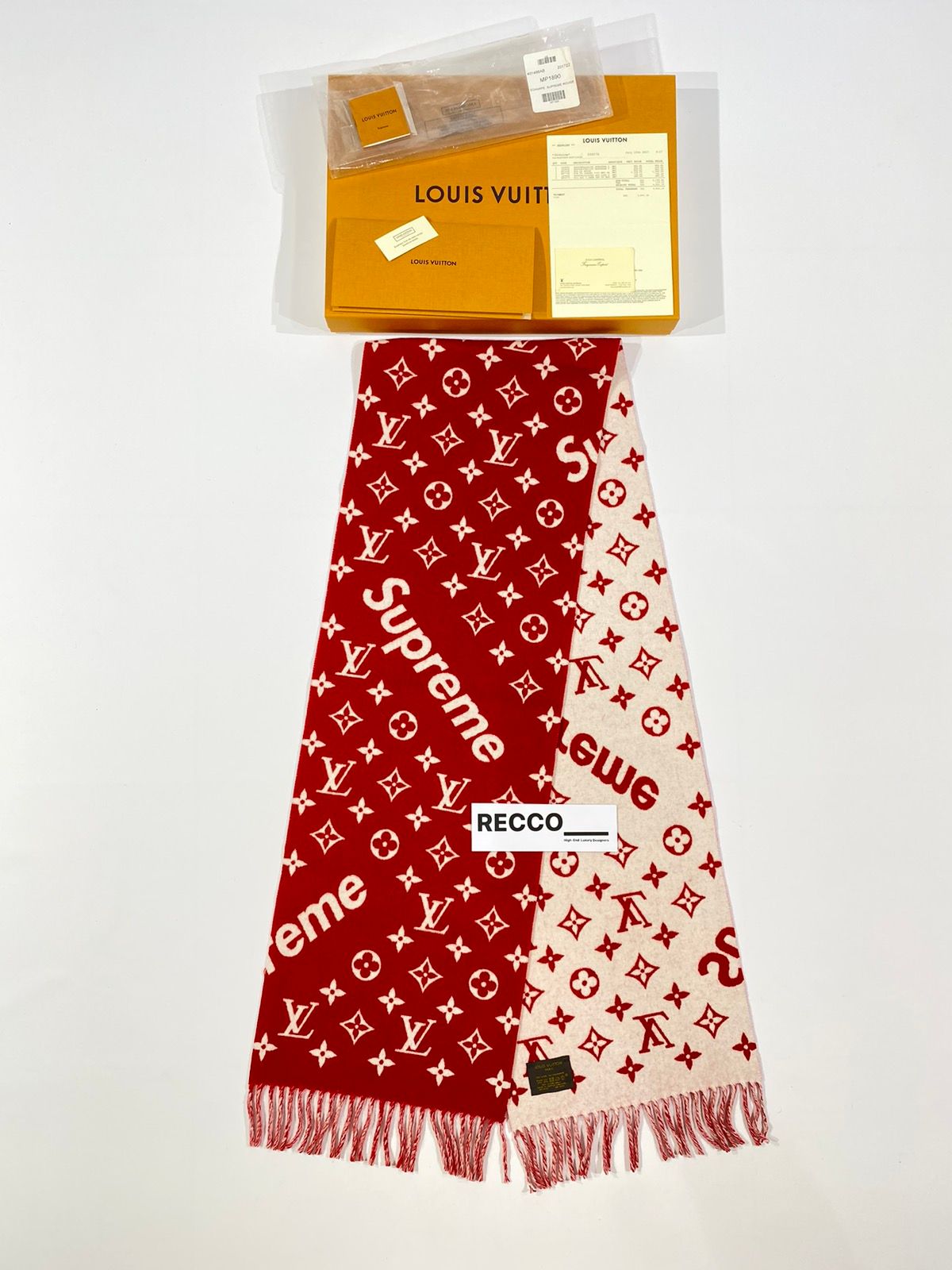 Supreme Louis Vuitton Monogram Bandana Red mini scarf 55 cm R52