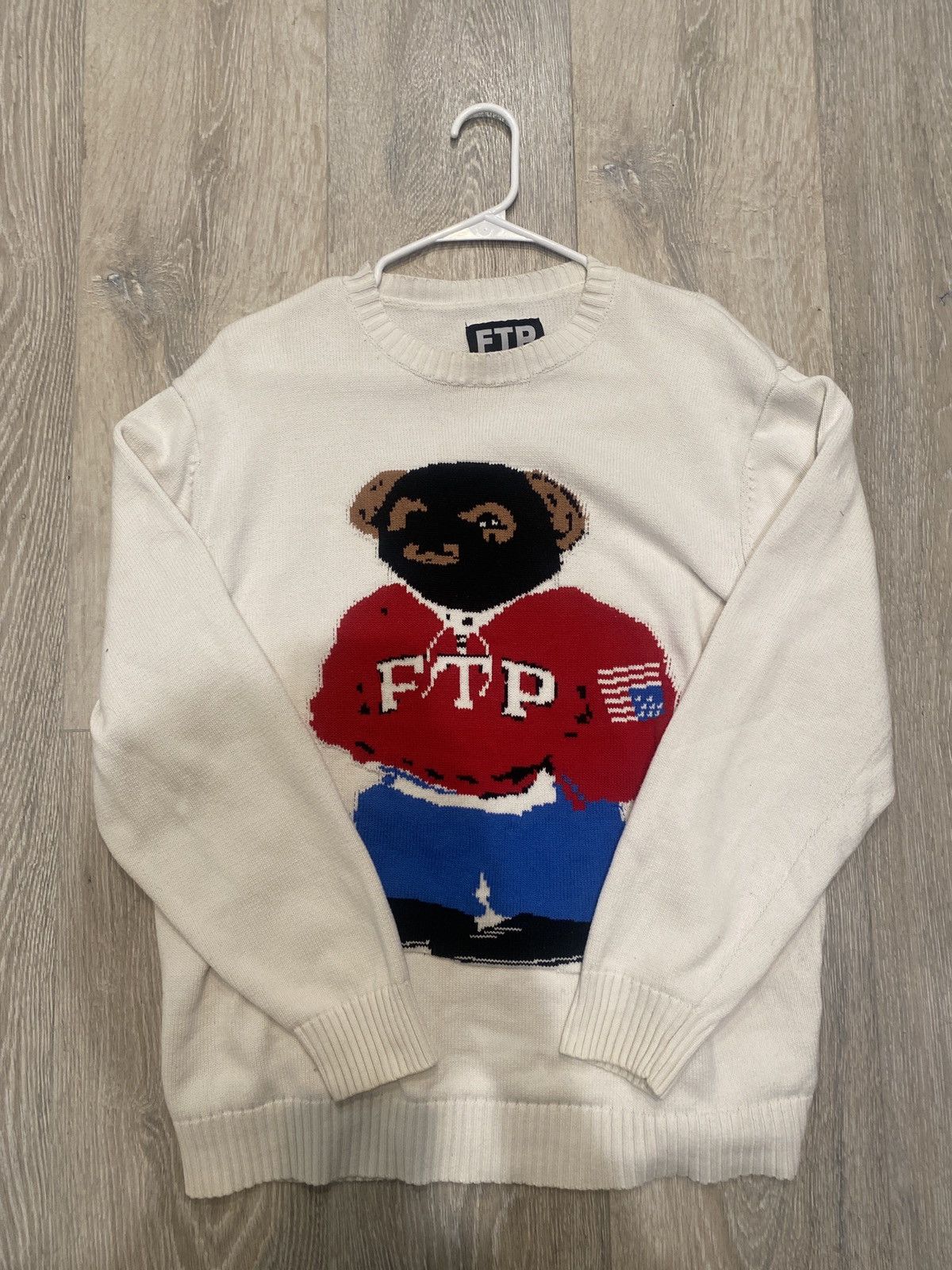 image of Fuck The Population Ftp Knit Bear Sweater in White, Men's (Size Medium)