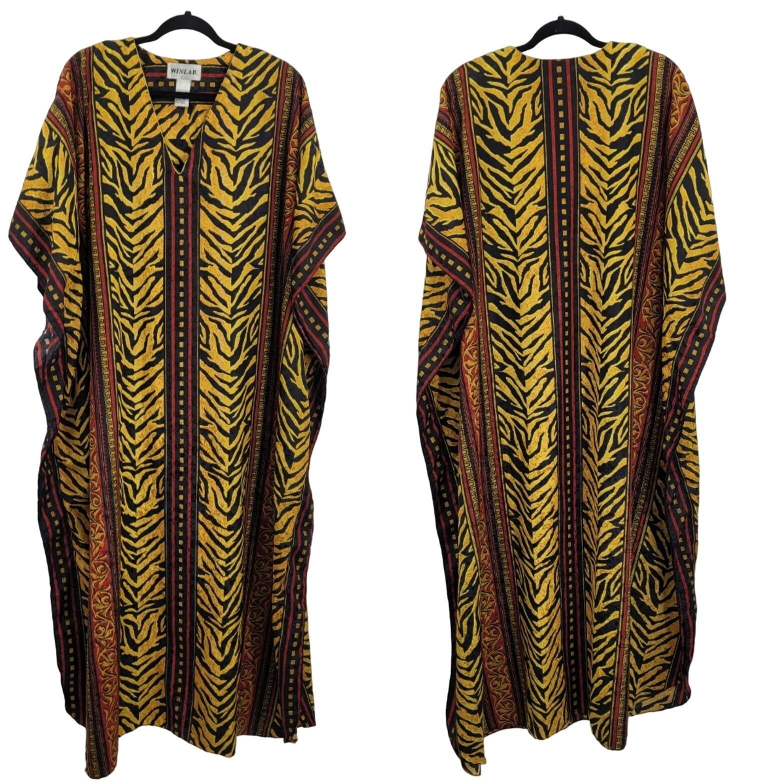 80's Dress Kaftan Maxi Damask Gold Tiger African Regal Glam