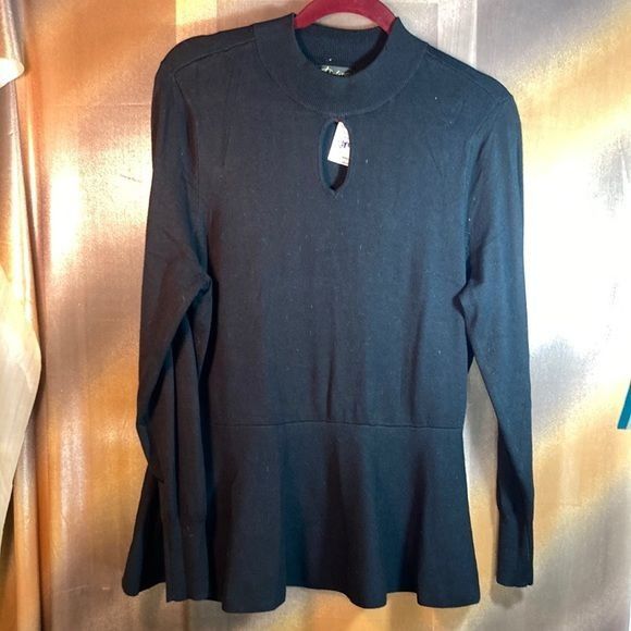 Black Thalia Sodi sweater with keyhole neck and peplum waist