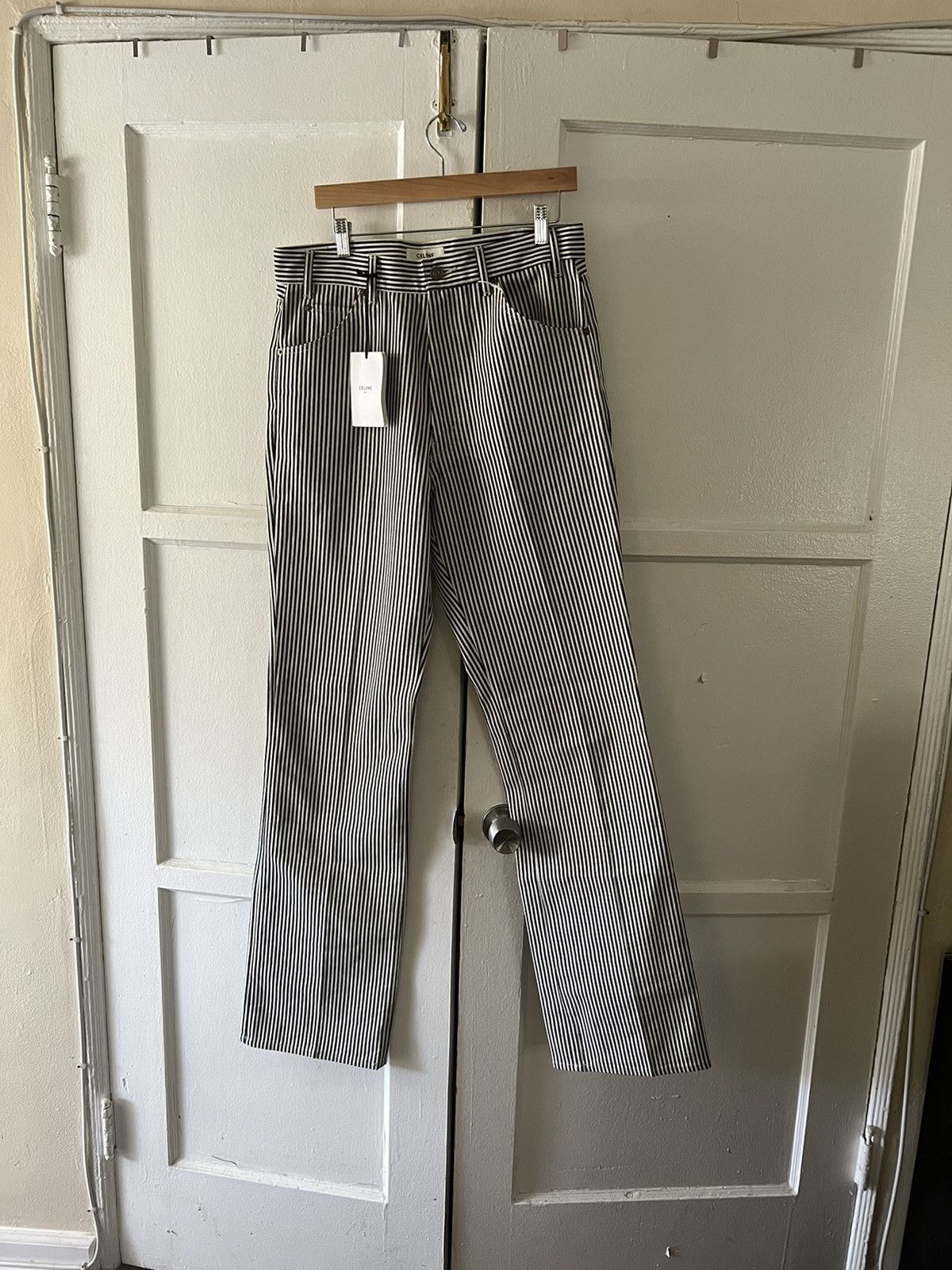 image of Celine x Hedi Slimane Hickory Flared Pants New With Tags in White, Men's (Size 31)