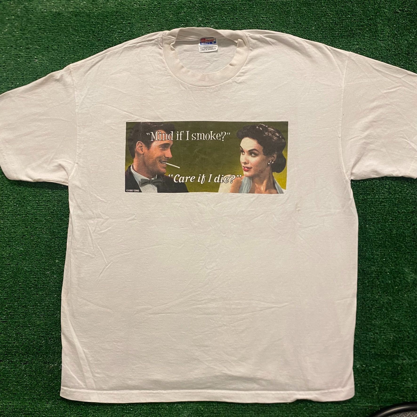 image of Hanes x Made In USA Anti Smoking Vintage 90's Parody Humor T-Shirt in White, Men's (Size XL)