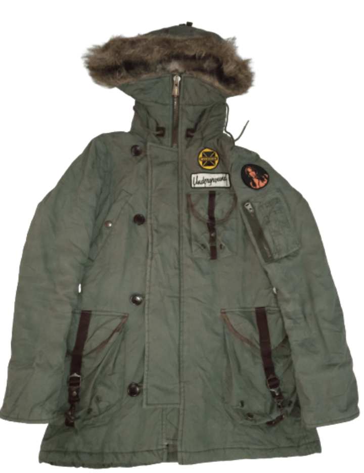 image of Hysteric Glamour Masked + Fur Hooded Puffer Jacket in Green, Men's (Size XS)