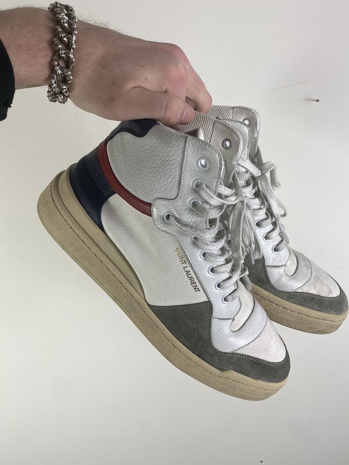 image of Saint Laurent Paris Mid Top Sick Shoes in White, Men's (Size 11)