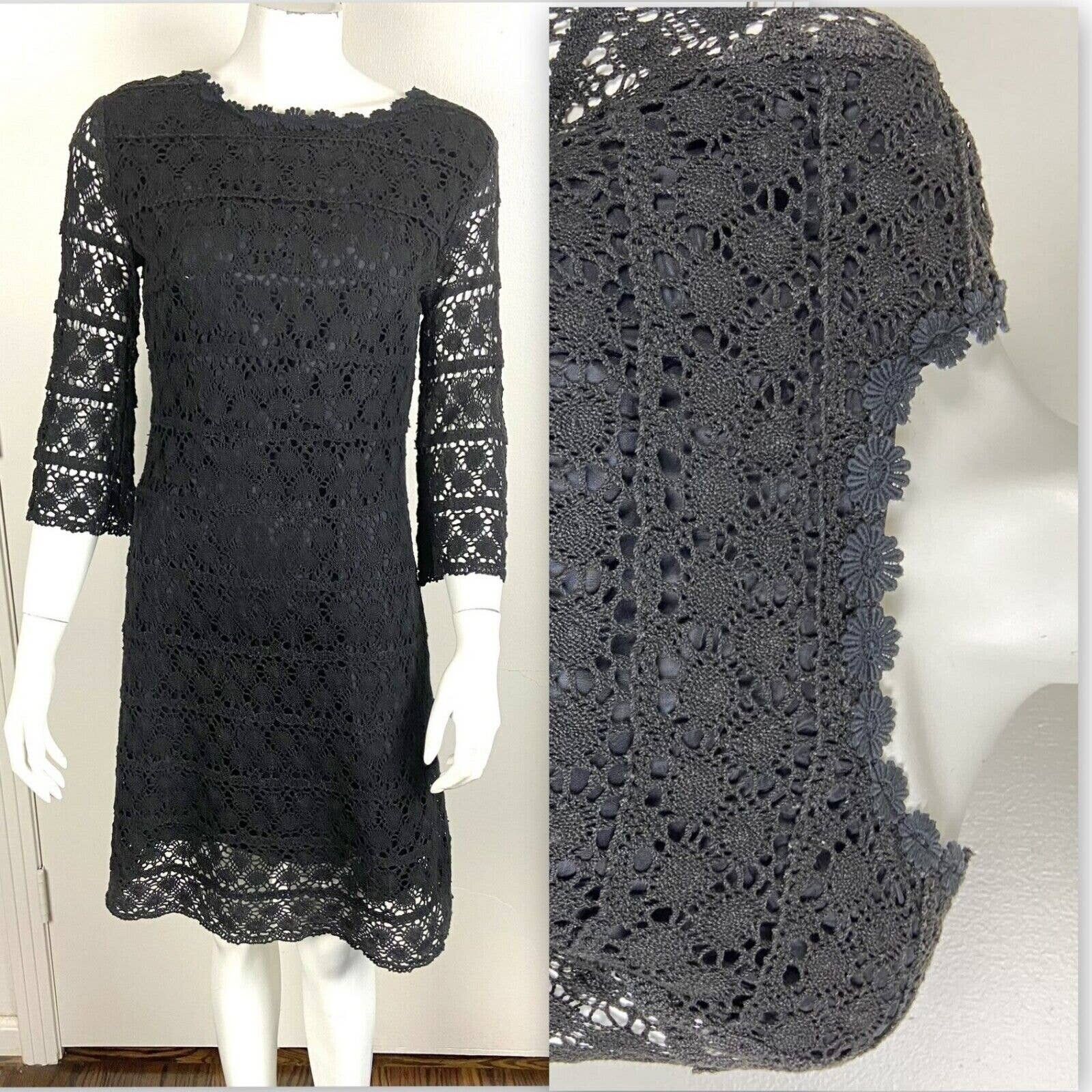 Handmade Vintage 60s 70s Black Crochet Lace Mini Shift Dress Size S / US 4 / IT 40 - 1 Preview