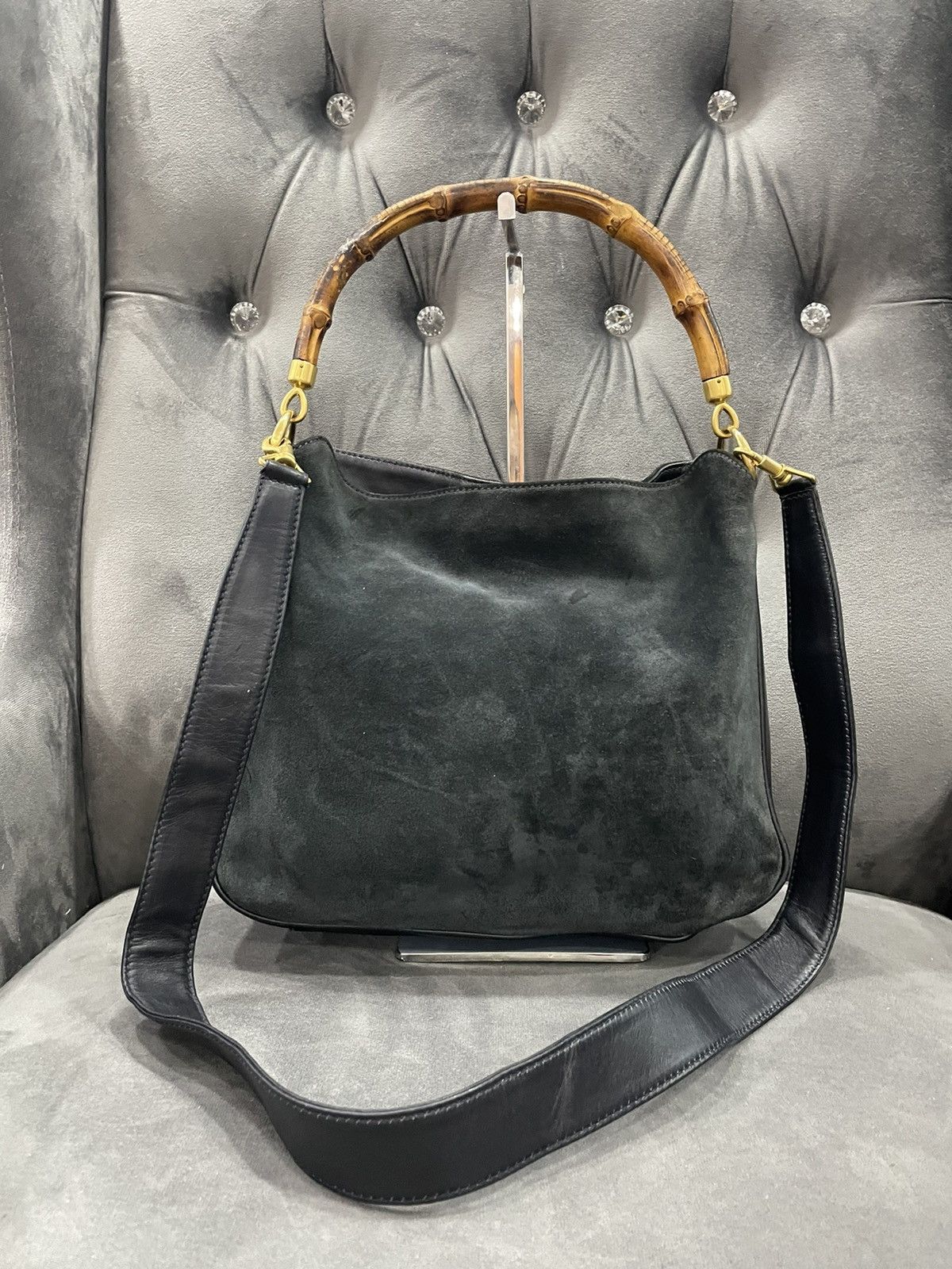 Authentic Vintage GUCCI Bamboo Two Bag Suede Leather