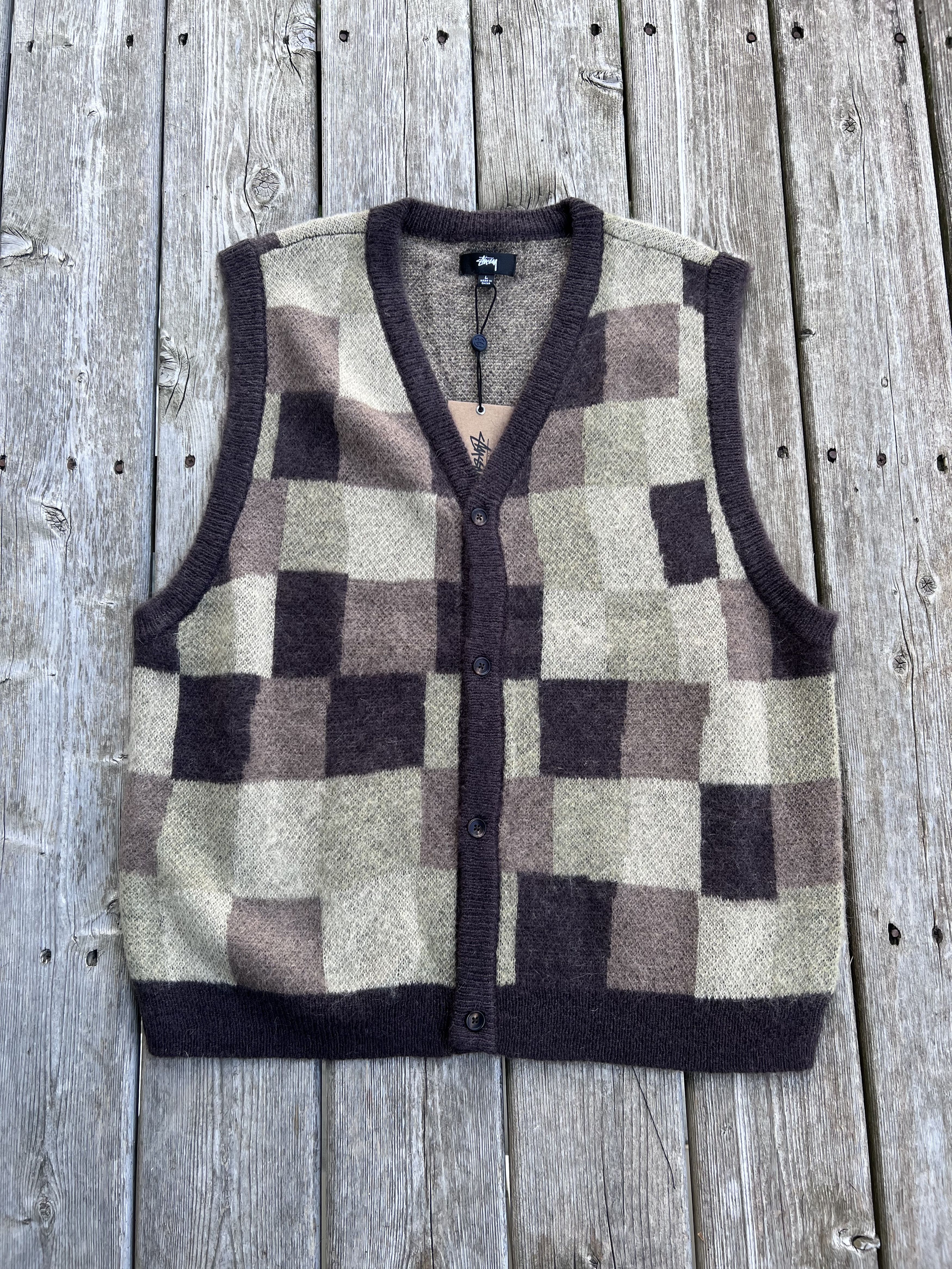 image of Stussy Wobbly Check Sweater Vest in Brown, Men's (Size Medium)