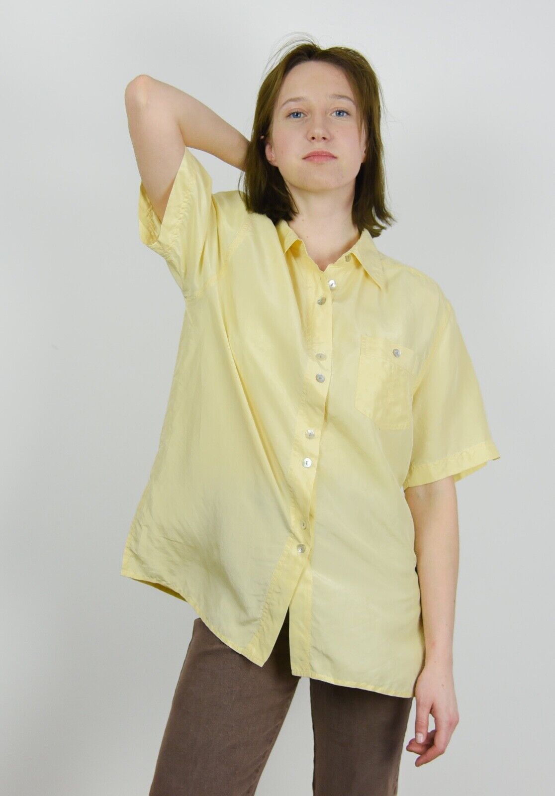 Other × Vintage 90's Womens Pure Silk Blouse Shirt Button Short Sleeves Size M / US 6-8 / IT 42-44 - 3 Thumbnail