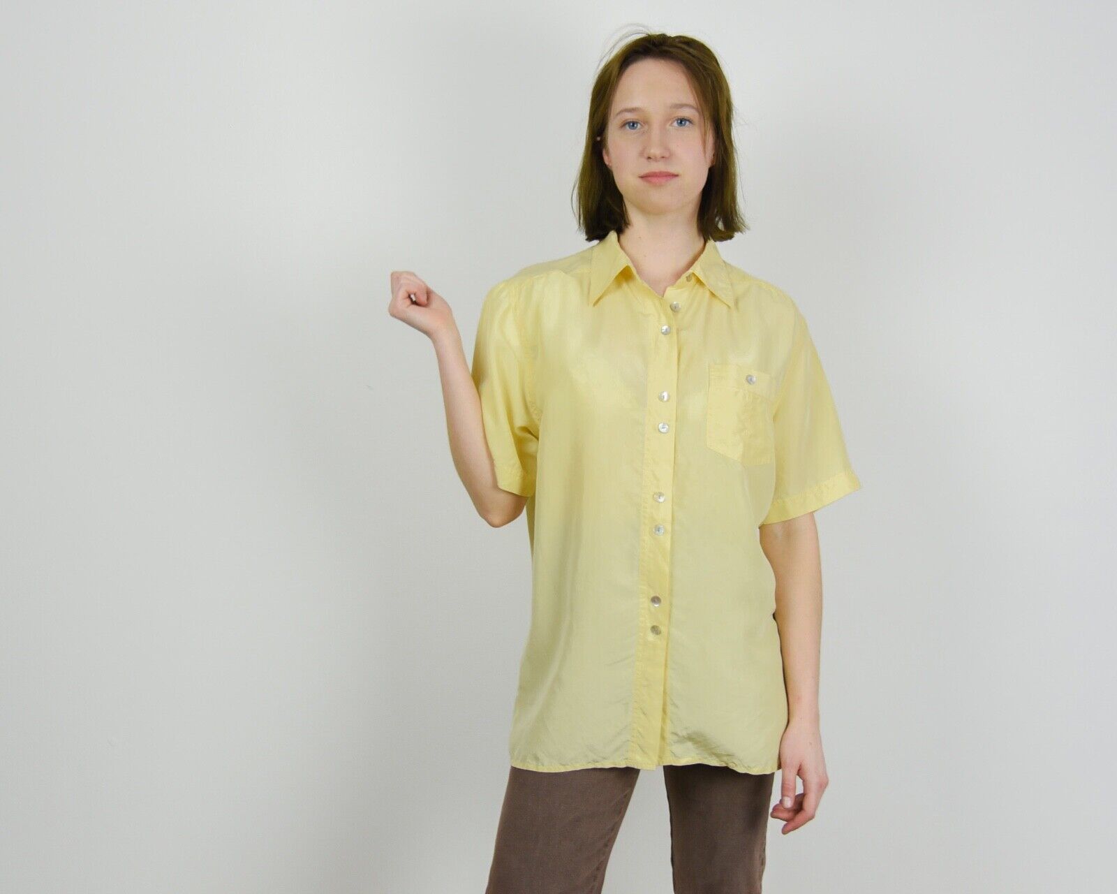 Other × Vintage 90's Womens Pure Silk Blouse Shirt Button Short Sleeves Size M / US 6-8 / IT 42-44 - 2 Thumbnail