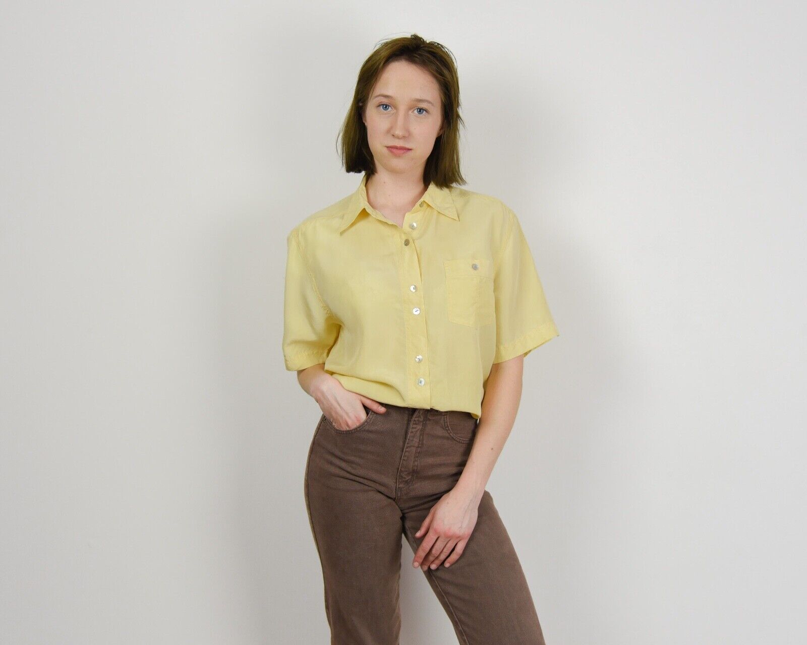 Other × Vintage 90's Womens Pure Silk Blouse Shirt Button Short Sleeves Size M / US 6-8 / IT 42-44 - 1 Thumbnail