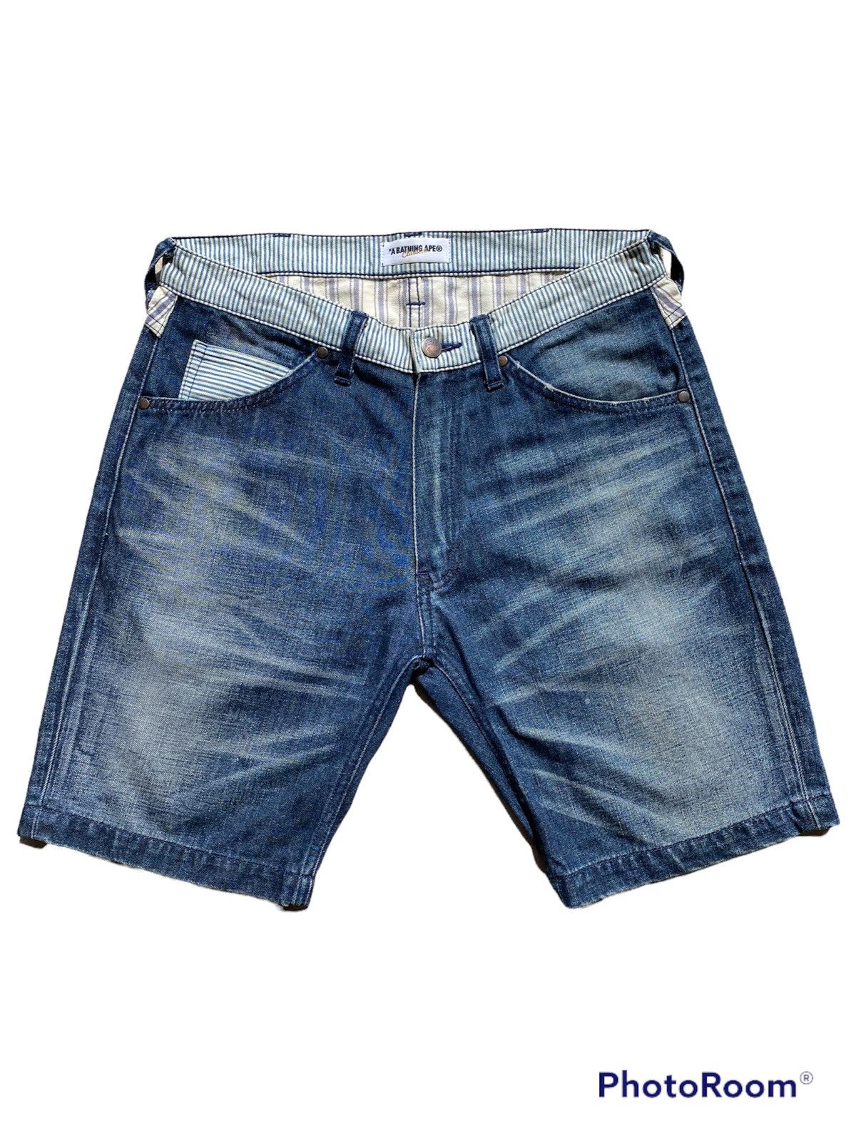 Bape × Nigo A Bathing Ape “BAPE” Hickory Stripe Denim Shorts Size US 32 / EU 48 - 1 Thumbnail