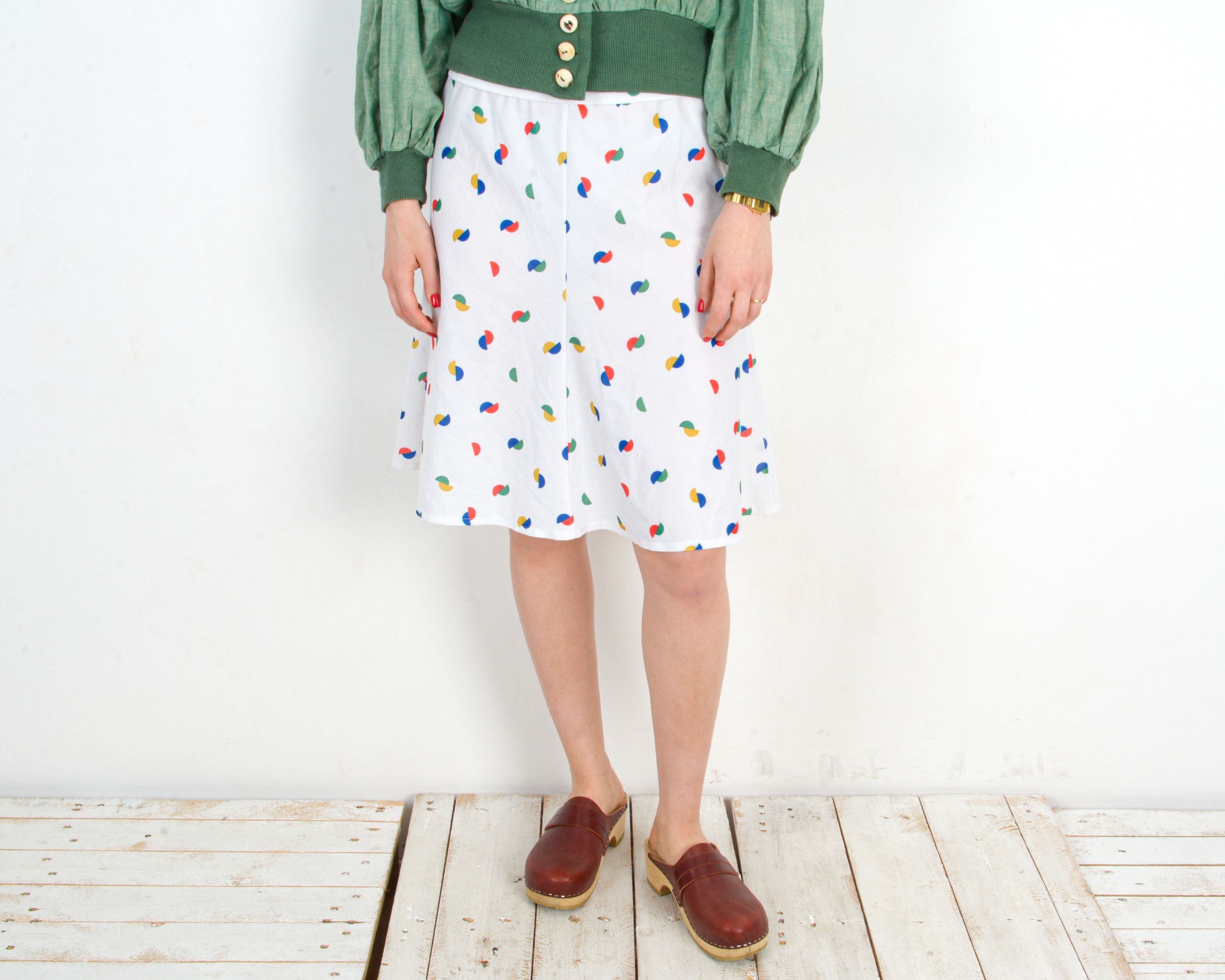 Other × Vintage 80s W31 Retro Midi A-Line Skirt Polka Dot Knee Lenght Funky Size 31" - 2 Thumbnail