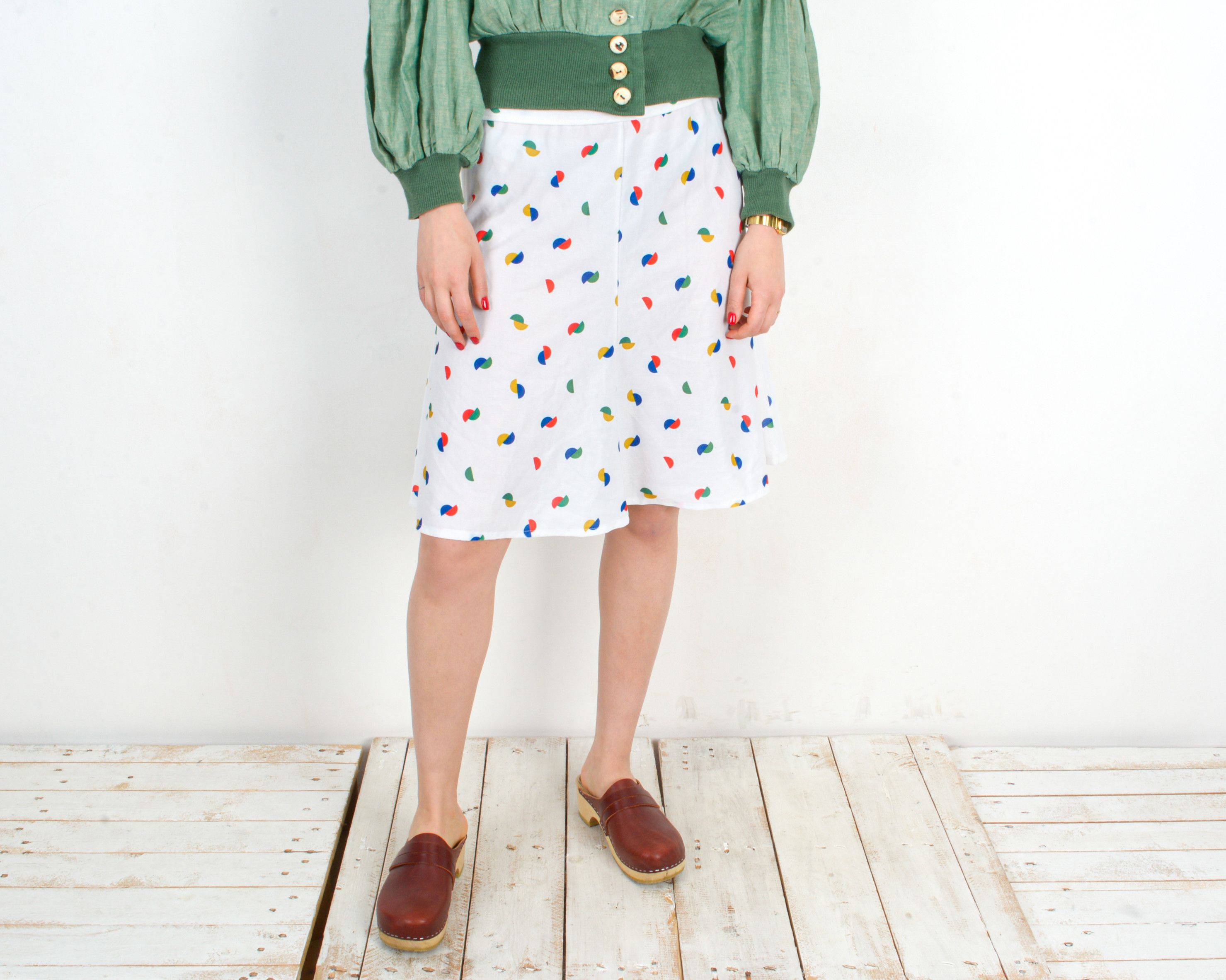 Other × Vintage 80s W31 Retro Midi A-Line Skirt Polka Dot Knee Lenght Funky Size 31" - 1 Thumbnail