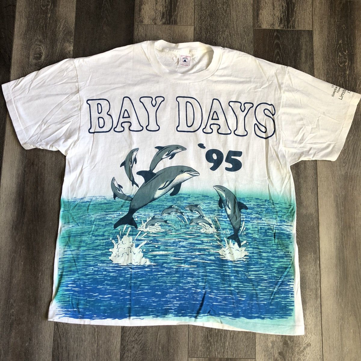 Vintage Vintage 1990s Bay Days Dolphin All Over Print Puff Logo Tee Size US XL / EU 56 / 4 - 1 Thumbnail