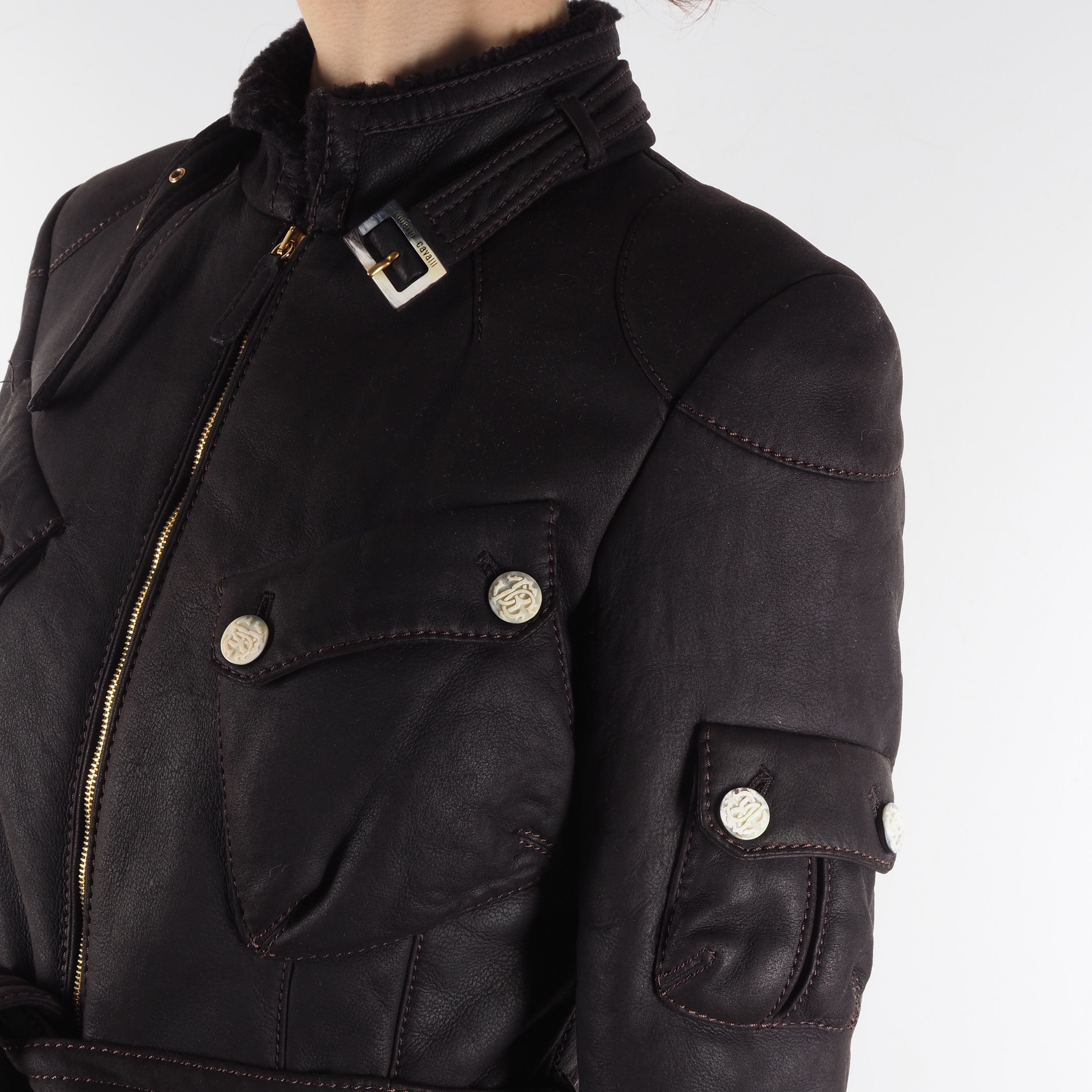 Roberto Cavalli Roberto Cavalli Brown Shearling Belted Leather Biker Jacket Size S / US 4 / IT 40 - 4 Thumbnail