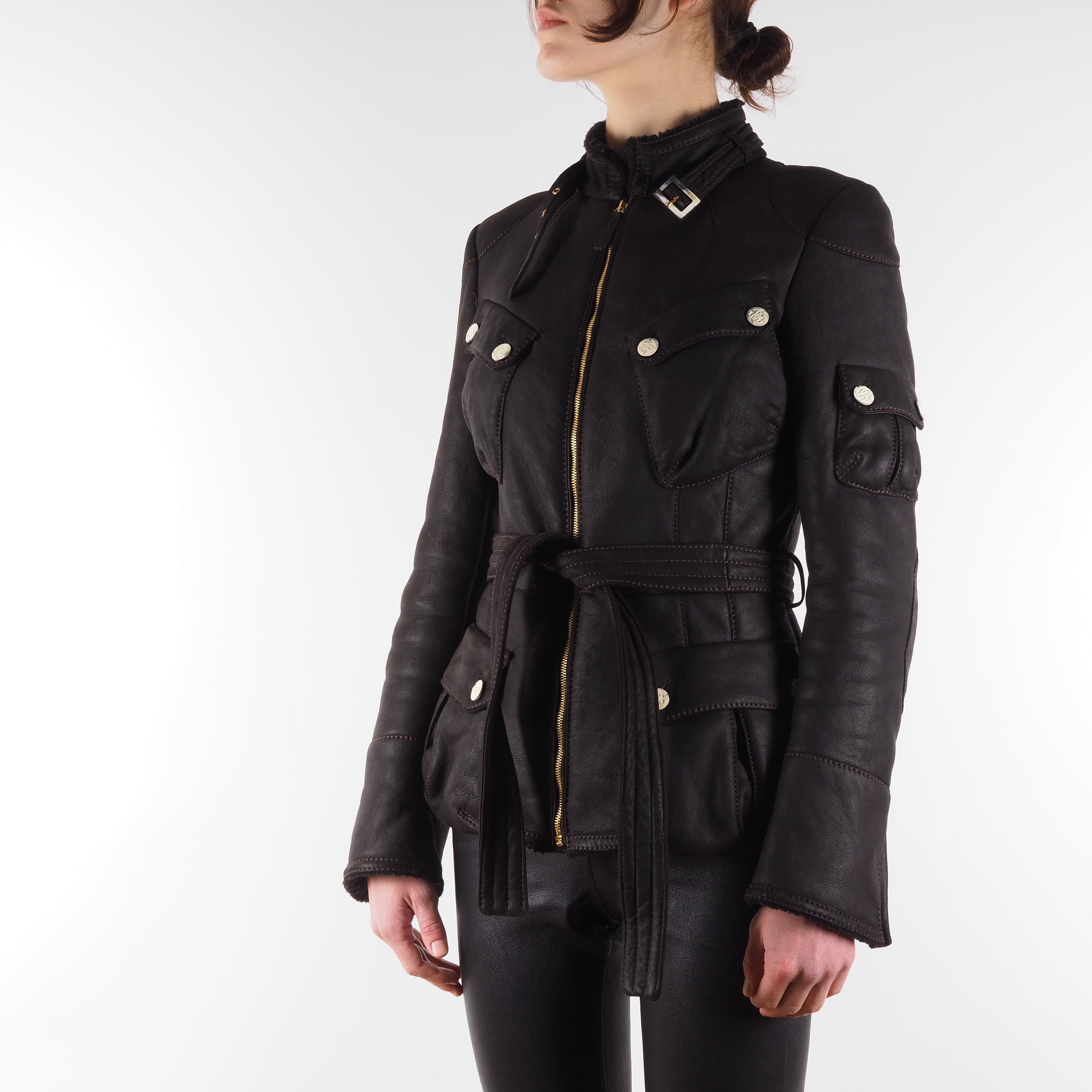 Roberto Cavalli Roberto Cavalli Brown Shearling Belted Leather Biker Jacket Size S / US 4 / IT 40 - 3 Thumbnail