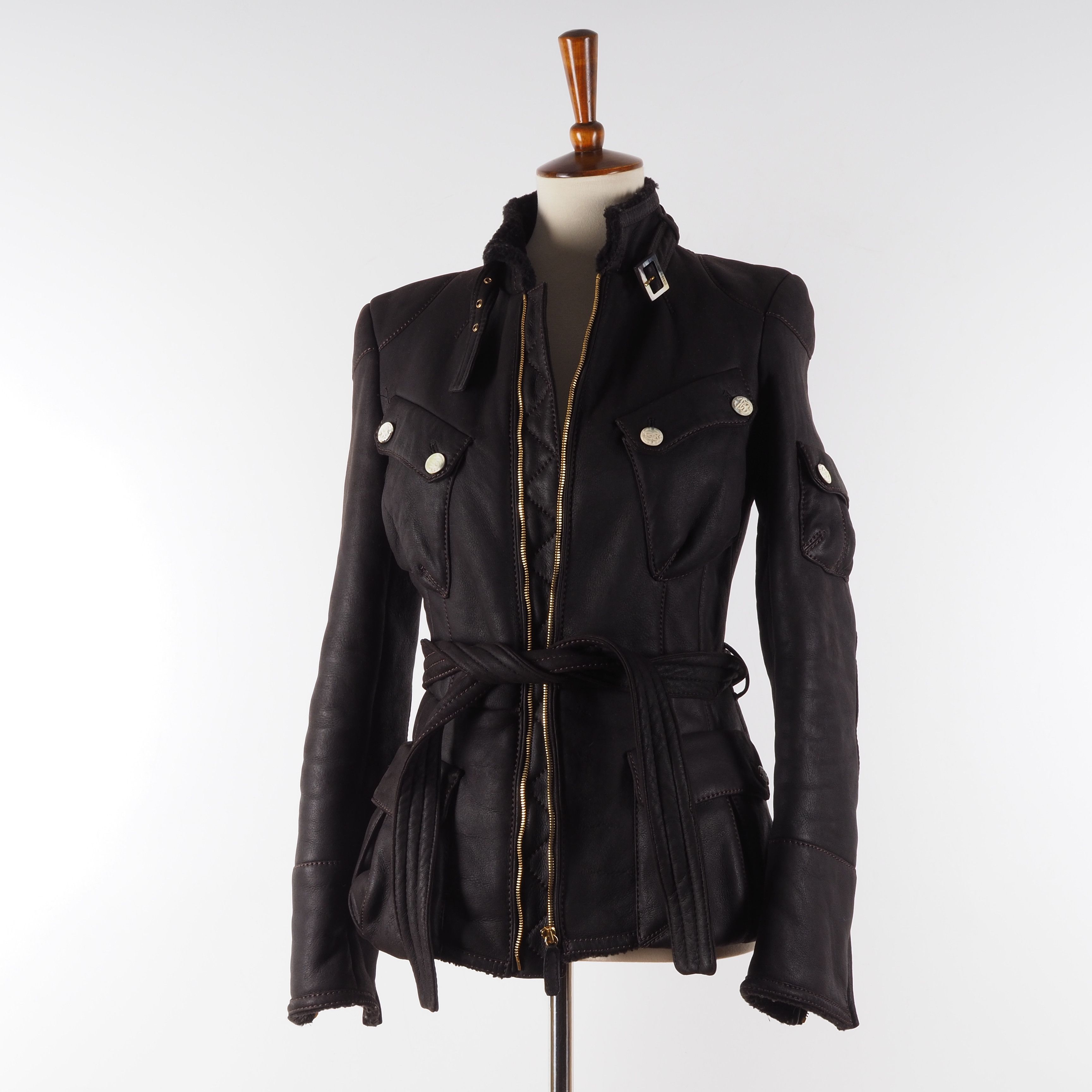 Roberto Cavalli Roberto Cavalli Brown Shearling Belted Leather Biker Jacket Size S / US 4 / IT 40 - 5 Thumbnail
