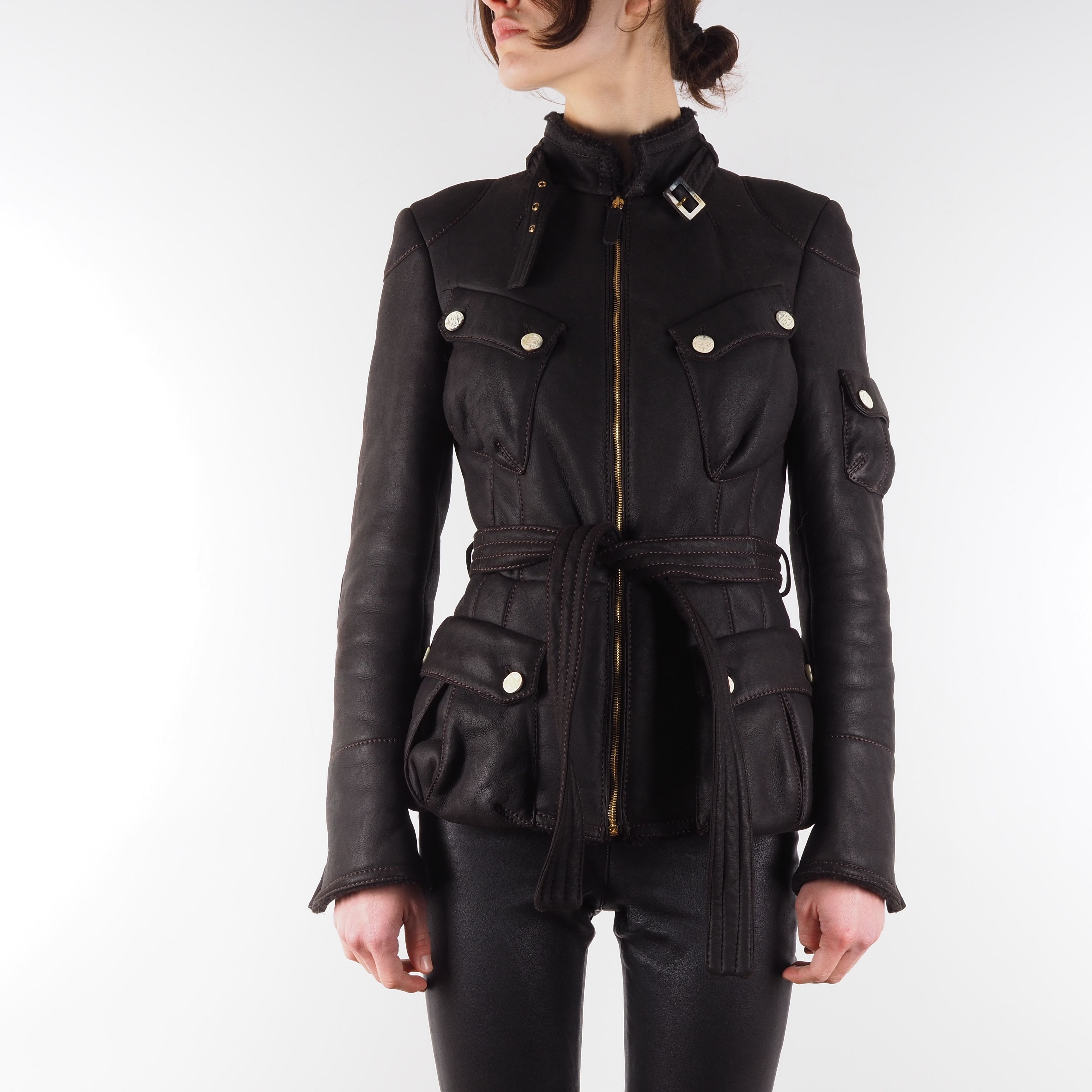 Roberto Cavalli Roberto Cavalli Brown Shearling Belted Leather Biker Jacket Size S / US 4 / IT 40 - 1 Thumbnail