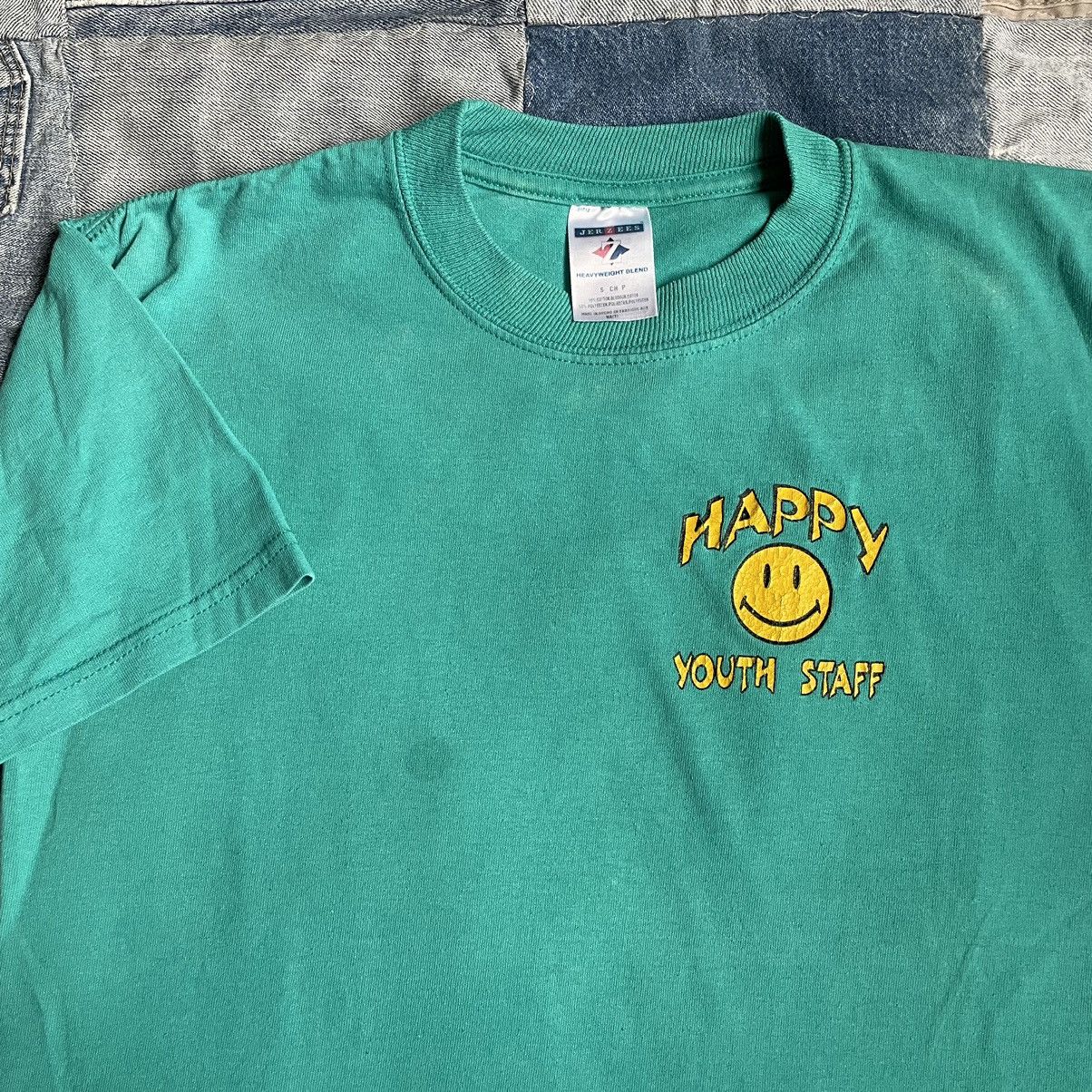 Jerzees × Vintage Vintage 00s Happy Youth Staff Teal Faded Smiley Face Shirt Size US S / EU 44-46 / 1 - 1 Thumbnail