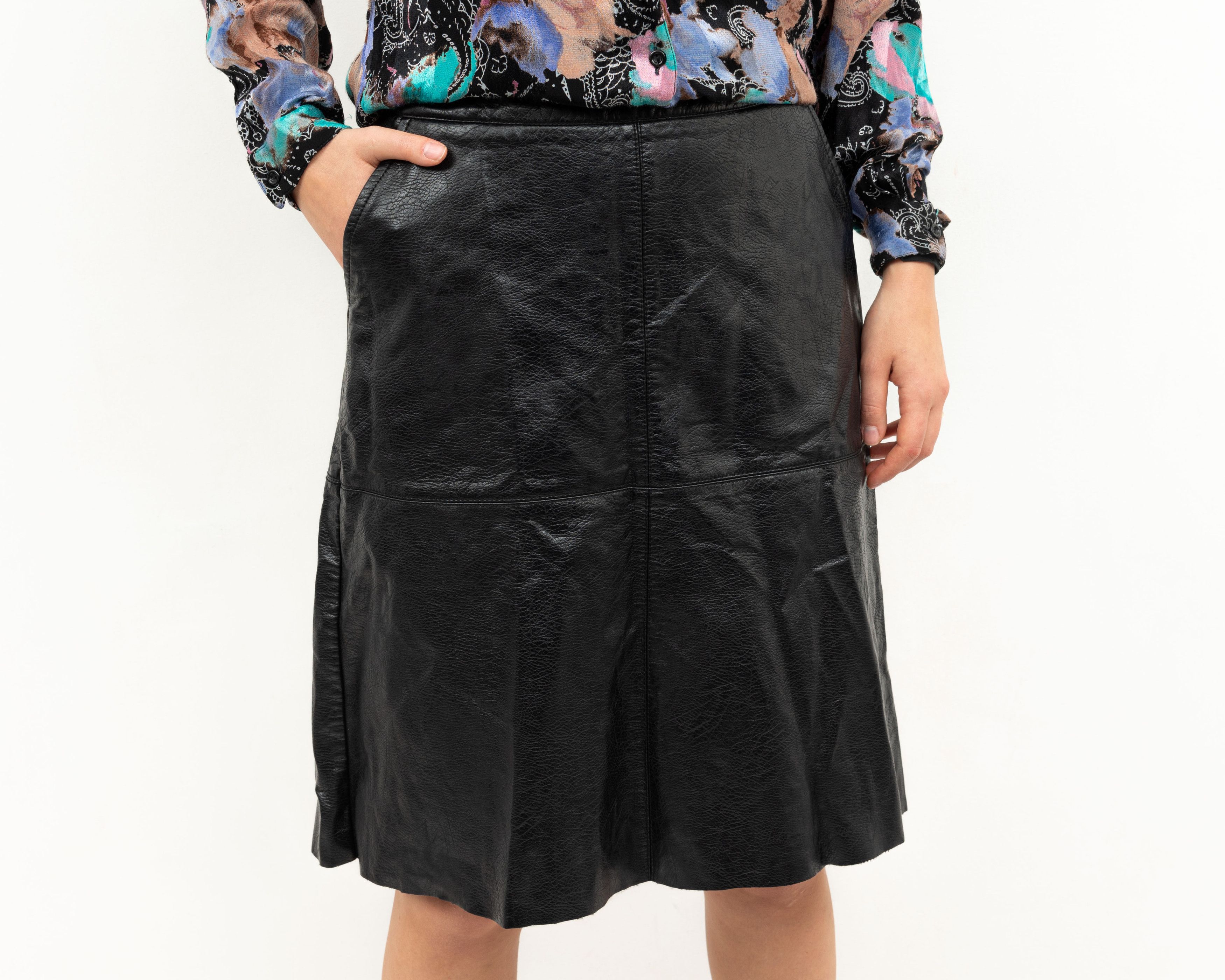 Other × Vintage Faux Leather Midi A-Line Skirt High Waisted Knee Lenght Zip Size 31" - 2 Thumbnail