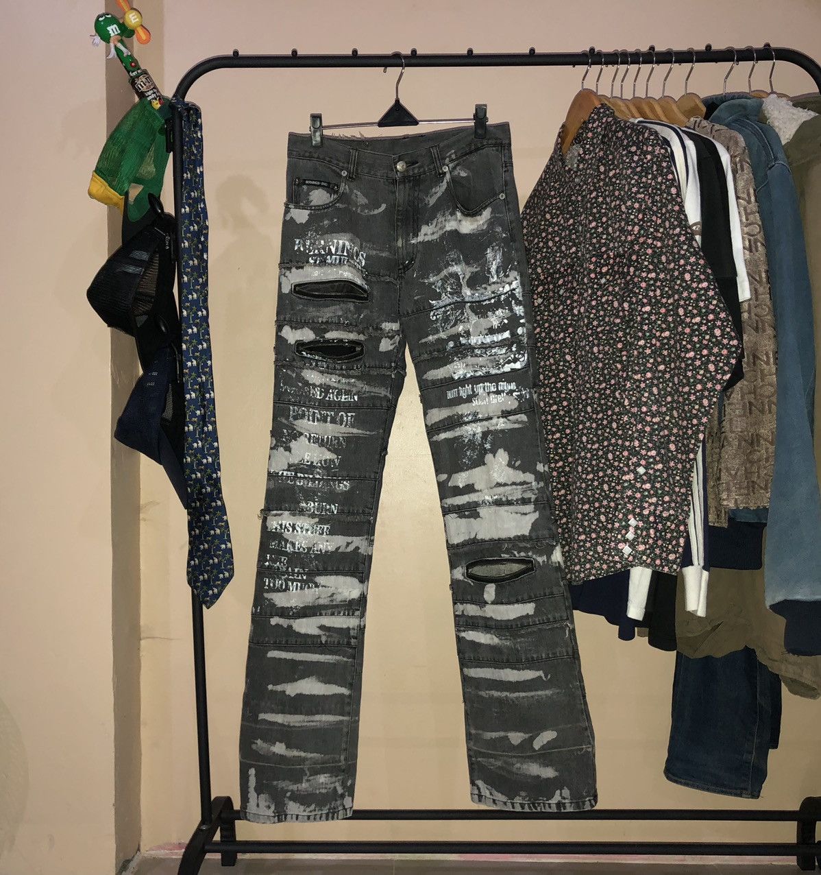 image of Distressed Denim x If Six Was Nine Bernings Sho Distressed Punk Style Denim Jeans in Stone Washed B