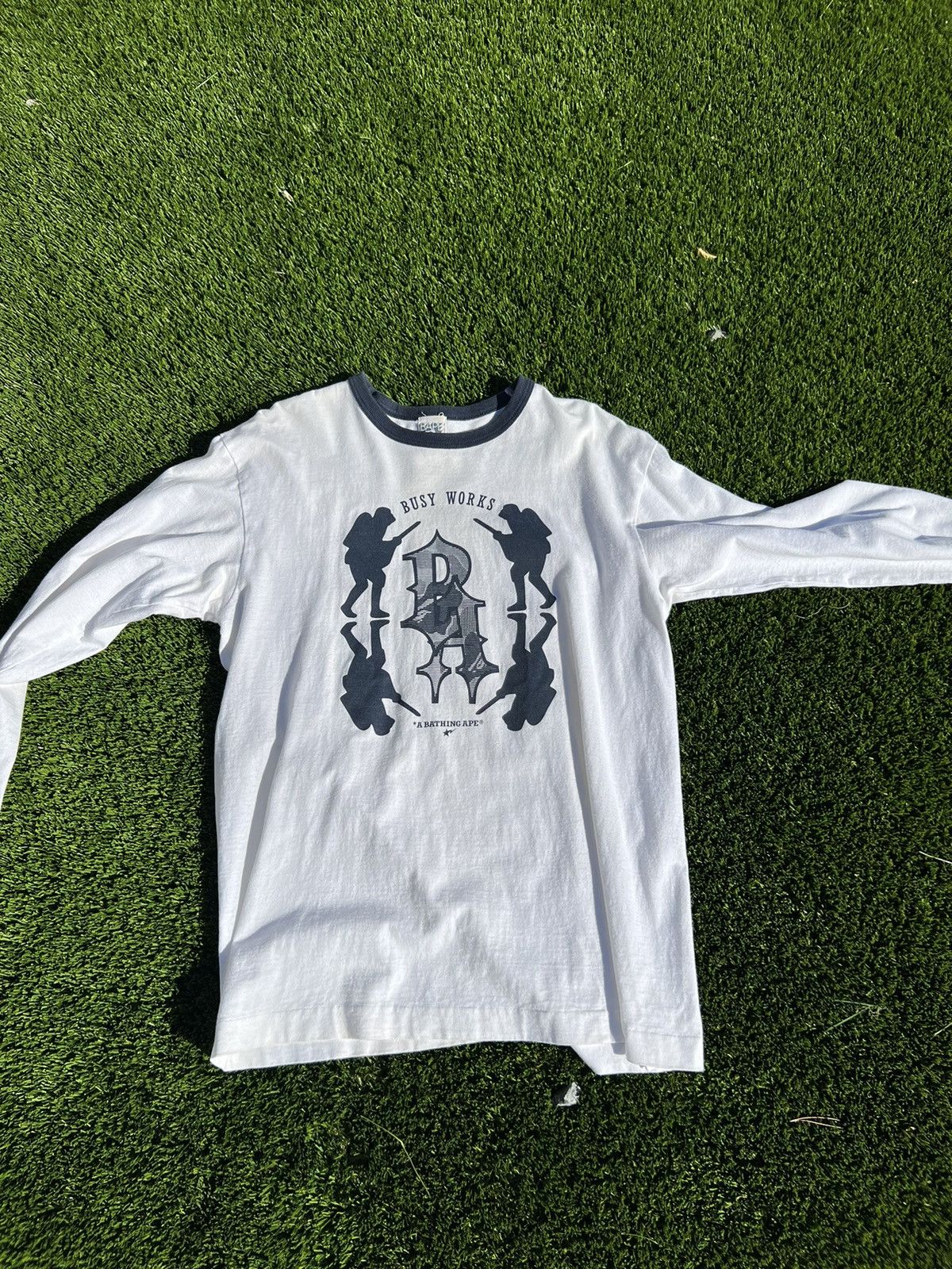 image of Bape Busy Works Long Sleeve Tee in White, Men's (Size Large)