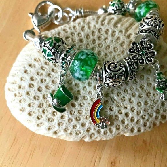 Handmade Shamrock Charm Bracelet Beaded Rainbow Pot of Gold Leprechau Size ONE SIZE - 1 Thumbnail