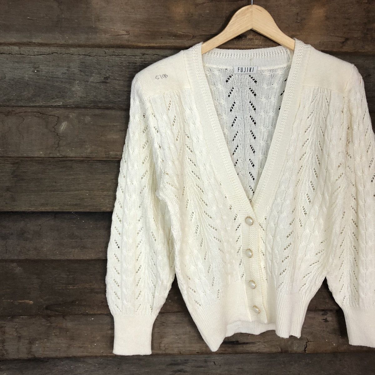 Homespun Knitwear Fujiki Cream crochet meshnet vintage Cardigan #510B Size M / US 6-8 / IT 42-44 - 7 Thumbnail
