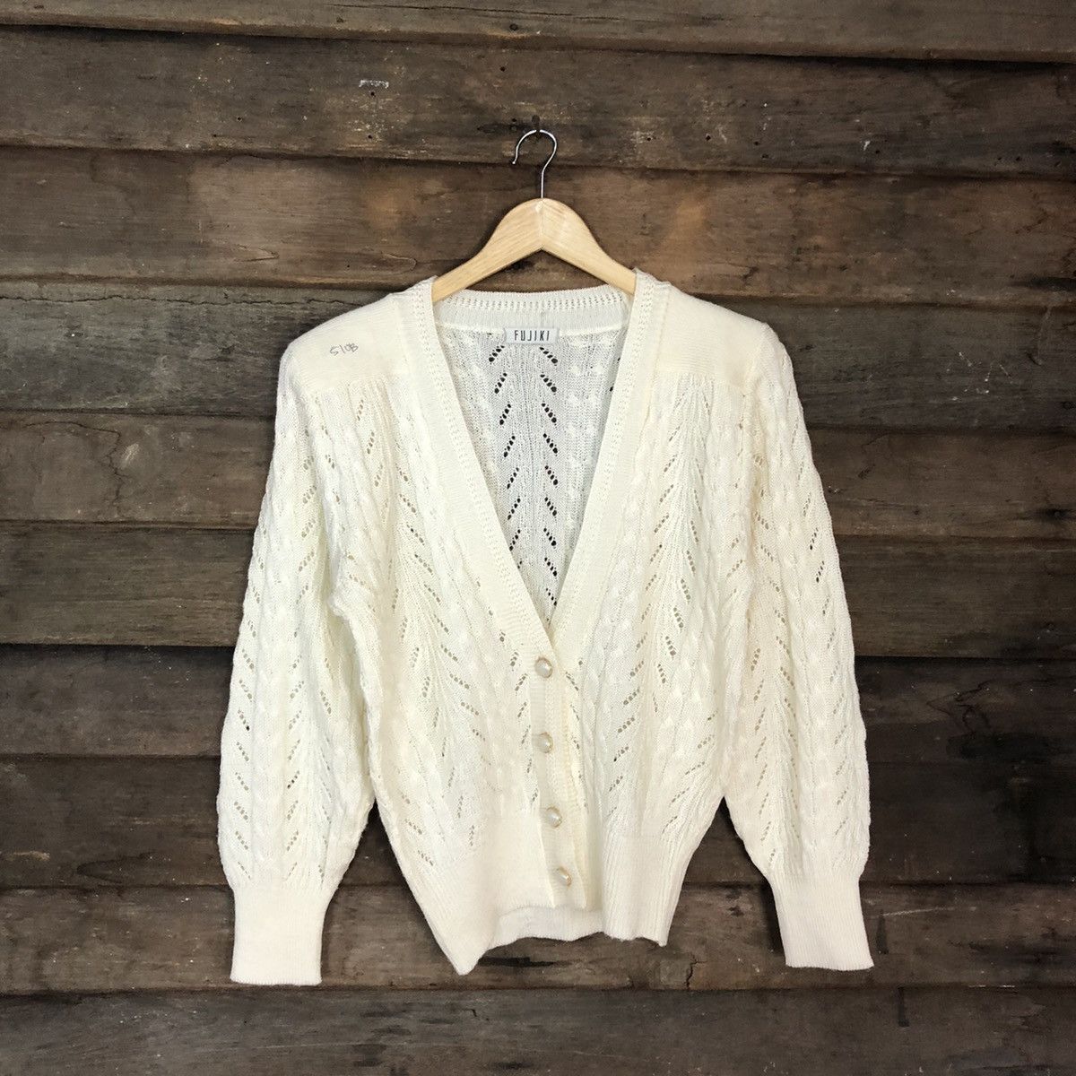 Homespun Knitwear Fujiki Cream crochet meshnet vintage Cardigan #510B Size M / US 6-8 / IT 42-44 - 3 Thumbnail