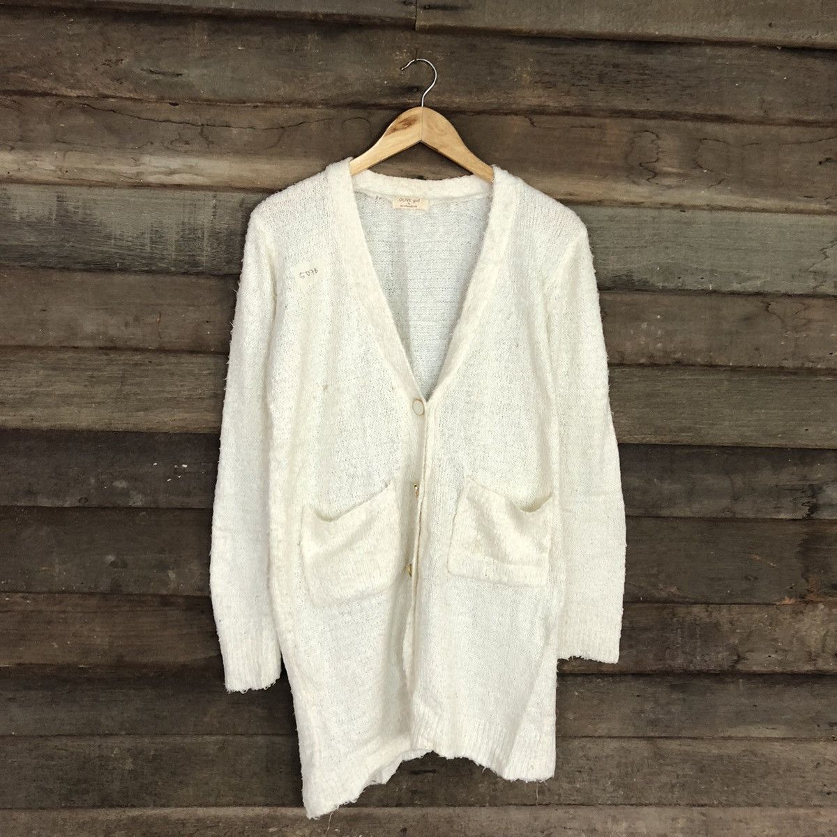 Homespun Knitwear Olive Girl shaggy vintage Cream Cardigan #507B Size US L / EU 52-54 / 3 - 3 Thumbnail