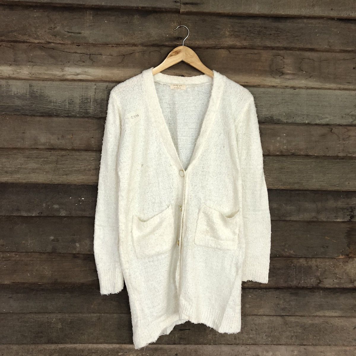 Homespun Knitwear Olive Girl shaggy vintage Cream Cardigan #507B Size US L / EU 52-54 / 3 - 1 Thumbnail